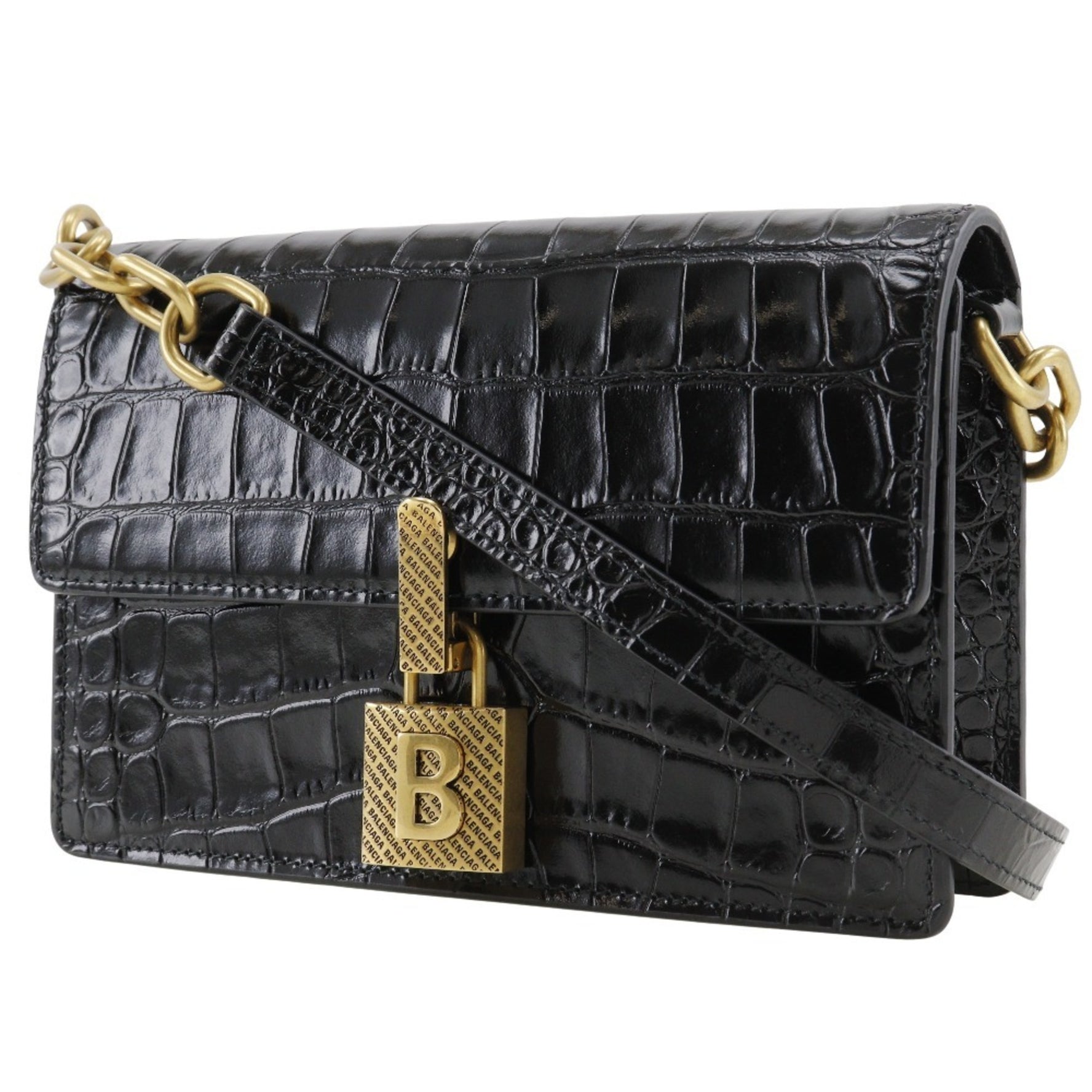 BALENCIAGA Mini Shoulder Bag Clutch Embossed Leather Black 2way Flap Women's