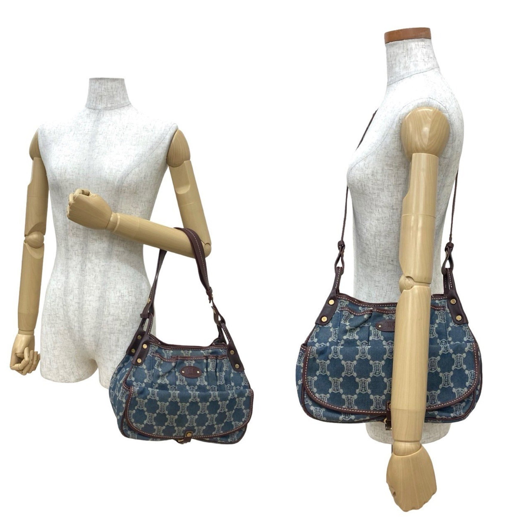 CELINE Vintage Paris Macadam Logo All-Over Print Denim and Leather Shoulder Bag Pochette in Blue Brown