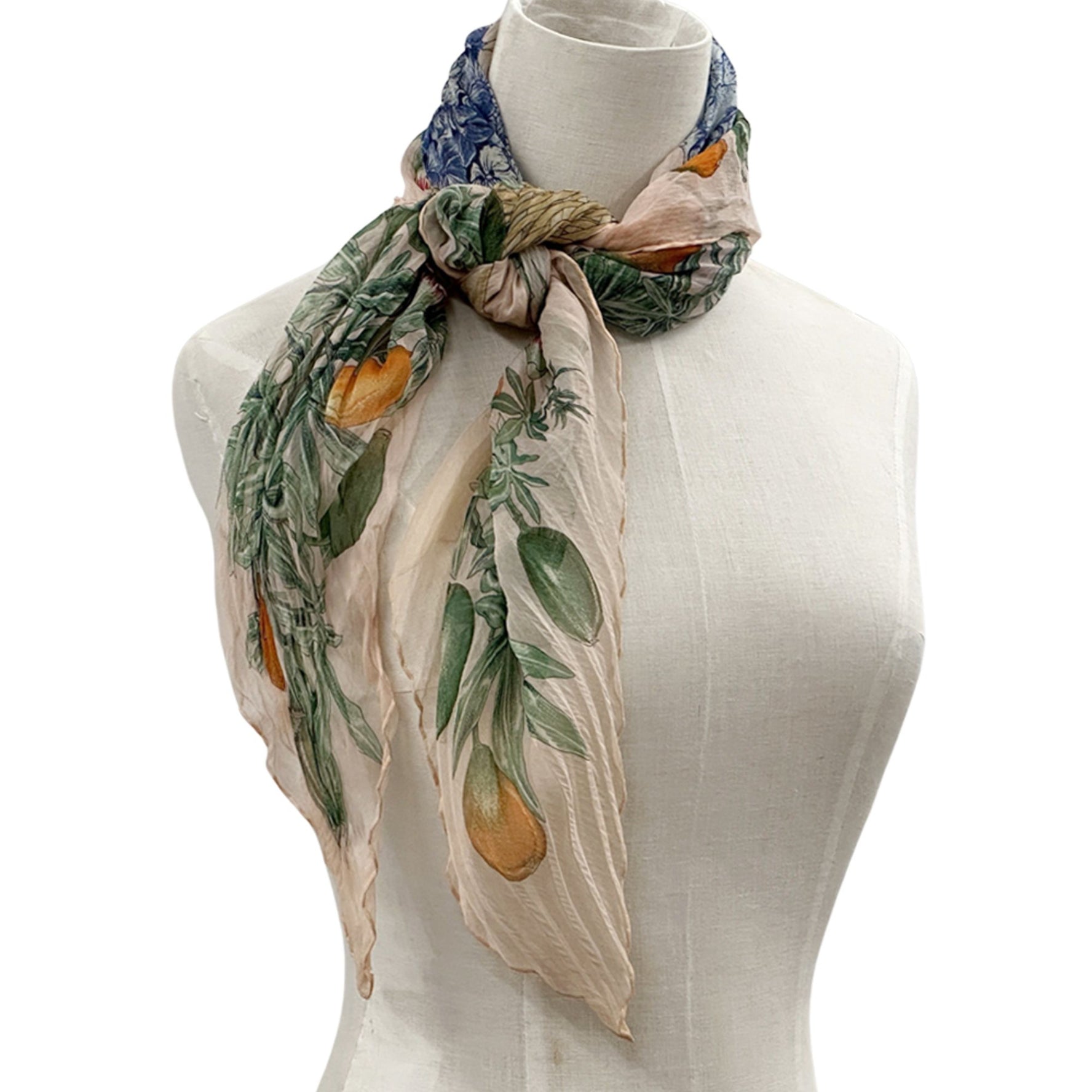 Hermes Hermès PASSIFLORES Passion Flower Scarf, Pleated Carré, Silk, Pink, Multicolor, Pink and Beige, Plant Fruit Design, Sheer, Transparent