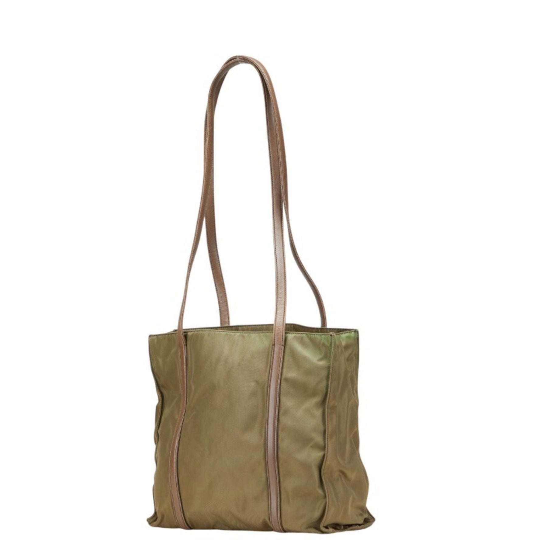 Prada Triangle Logo Plate One-Shoulder Bag Tote B6509 Khaki Brown Nylon Leather Women's PRADA
