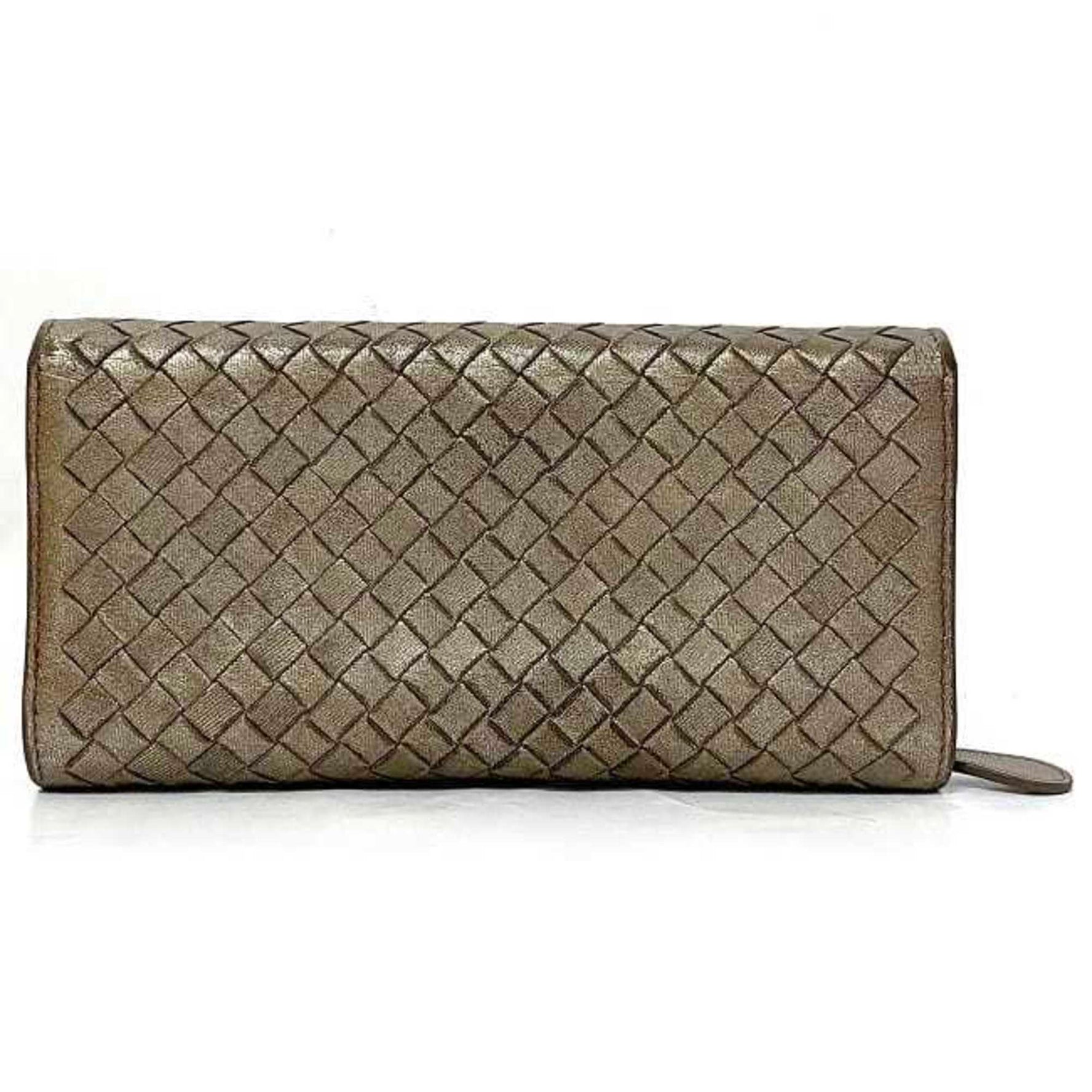 Bottega Veneta Bifold Long Wallet Brown Metallic Intrecciato Leather BOTTEGA VENETA Flap Silver