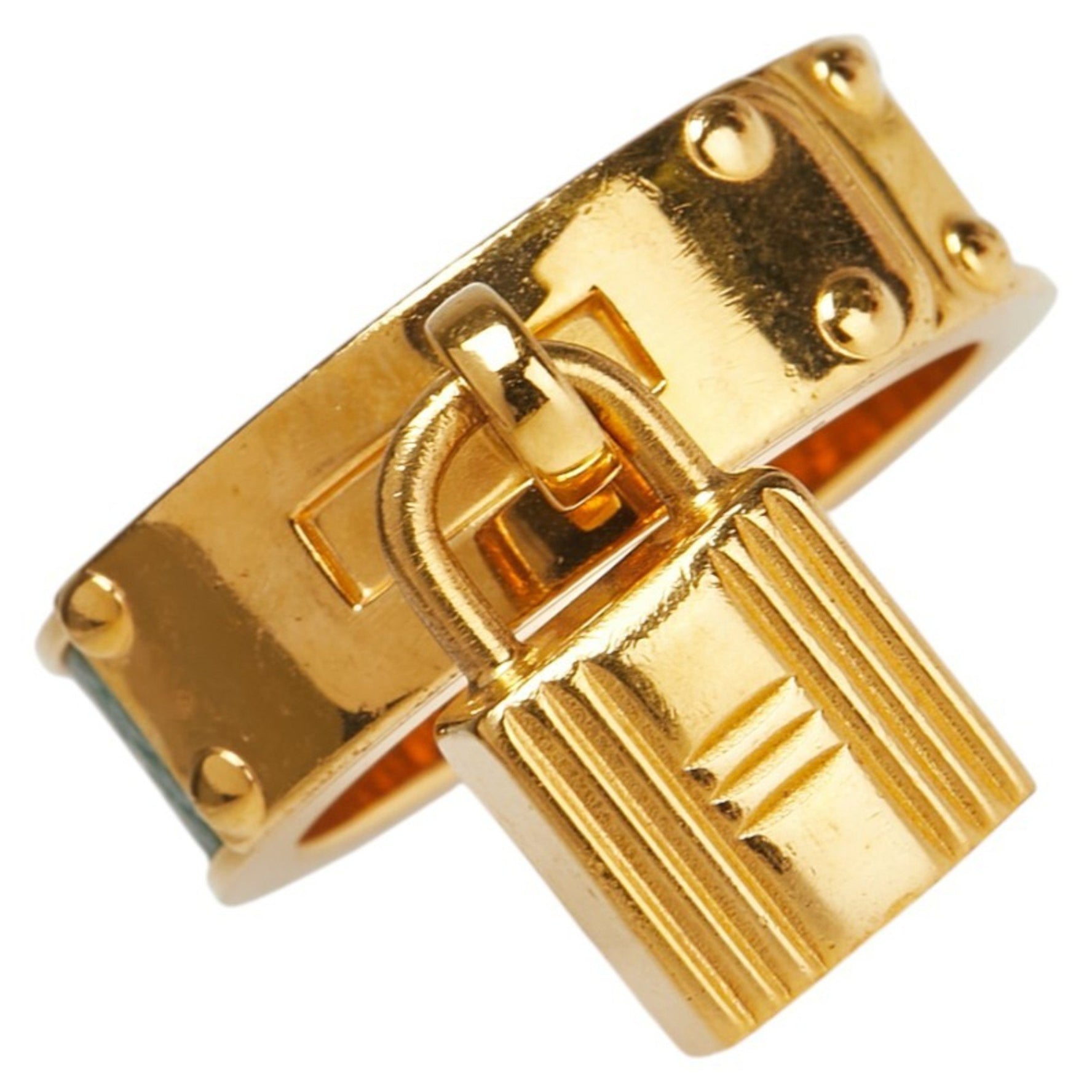 Hermes Kelly Cadena Motif Scarf Ring in Gold and Green Plated Leather