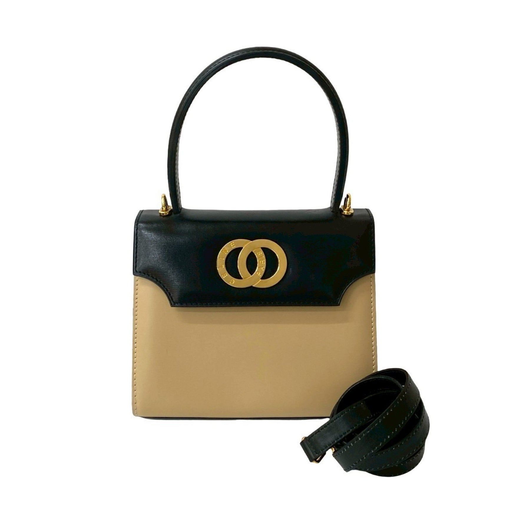 CELINE Circle Logo Hardware Calfskin Leather Handbag/Shoulder Bag Black/Beige
