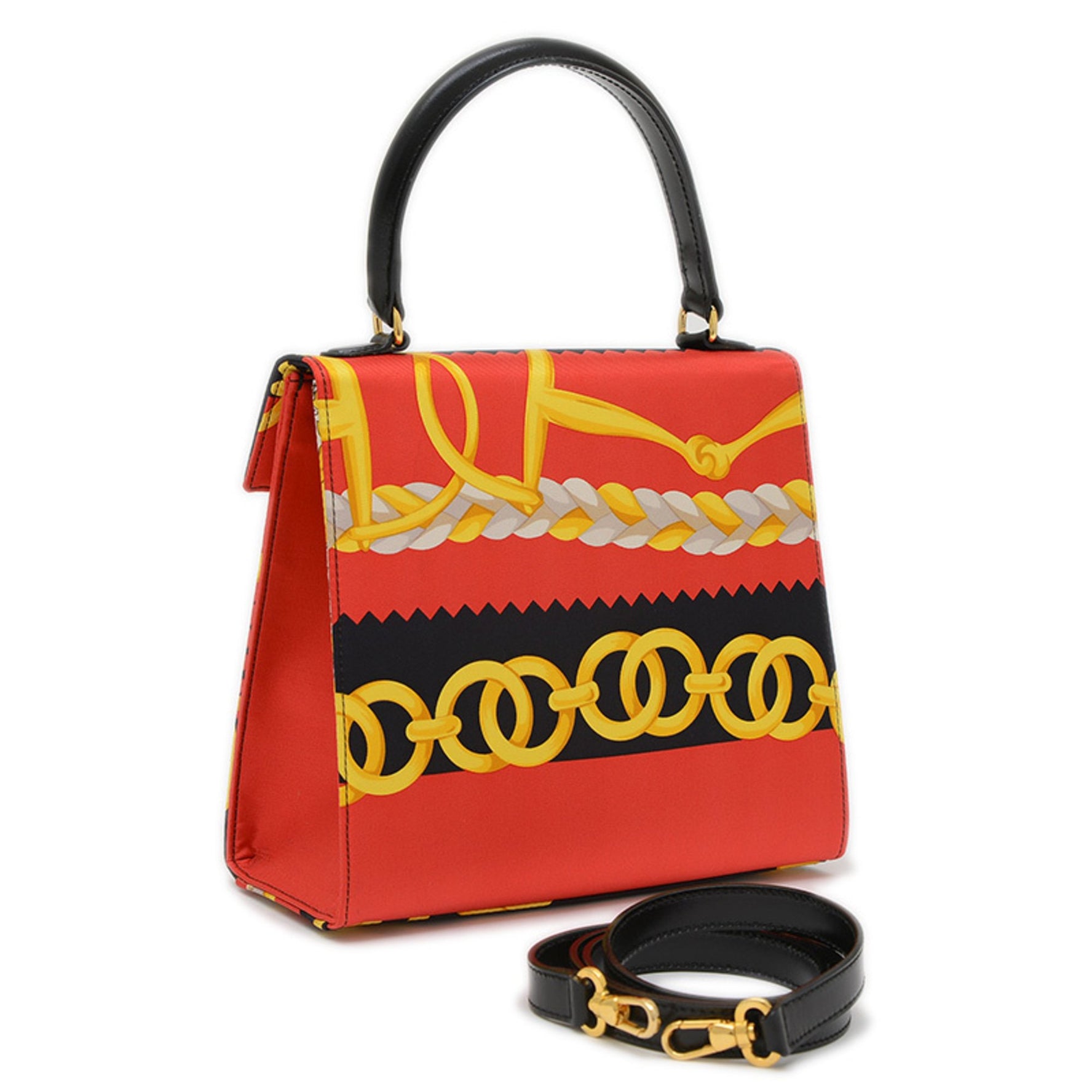 Celine Vintage Hand Shoulder Bag with Scarf Pattern in Red and Black