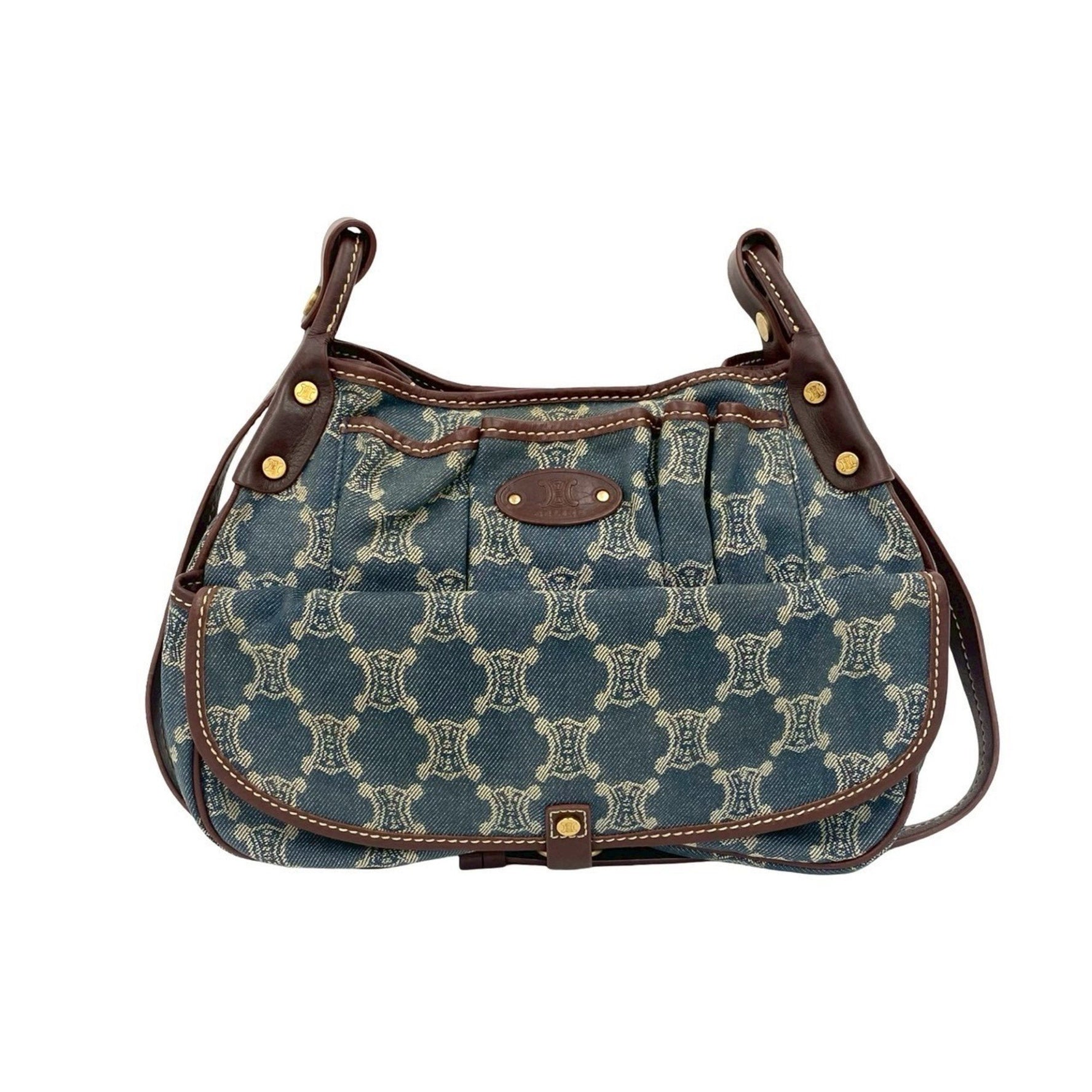 CELINE Vintage Paris Macadam Logo All-Over Print Denim and Leather Shoulder Bag Pochette in Blue Brown