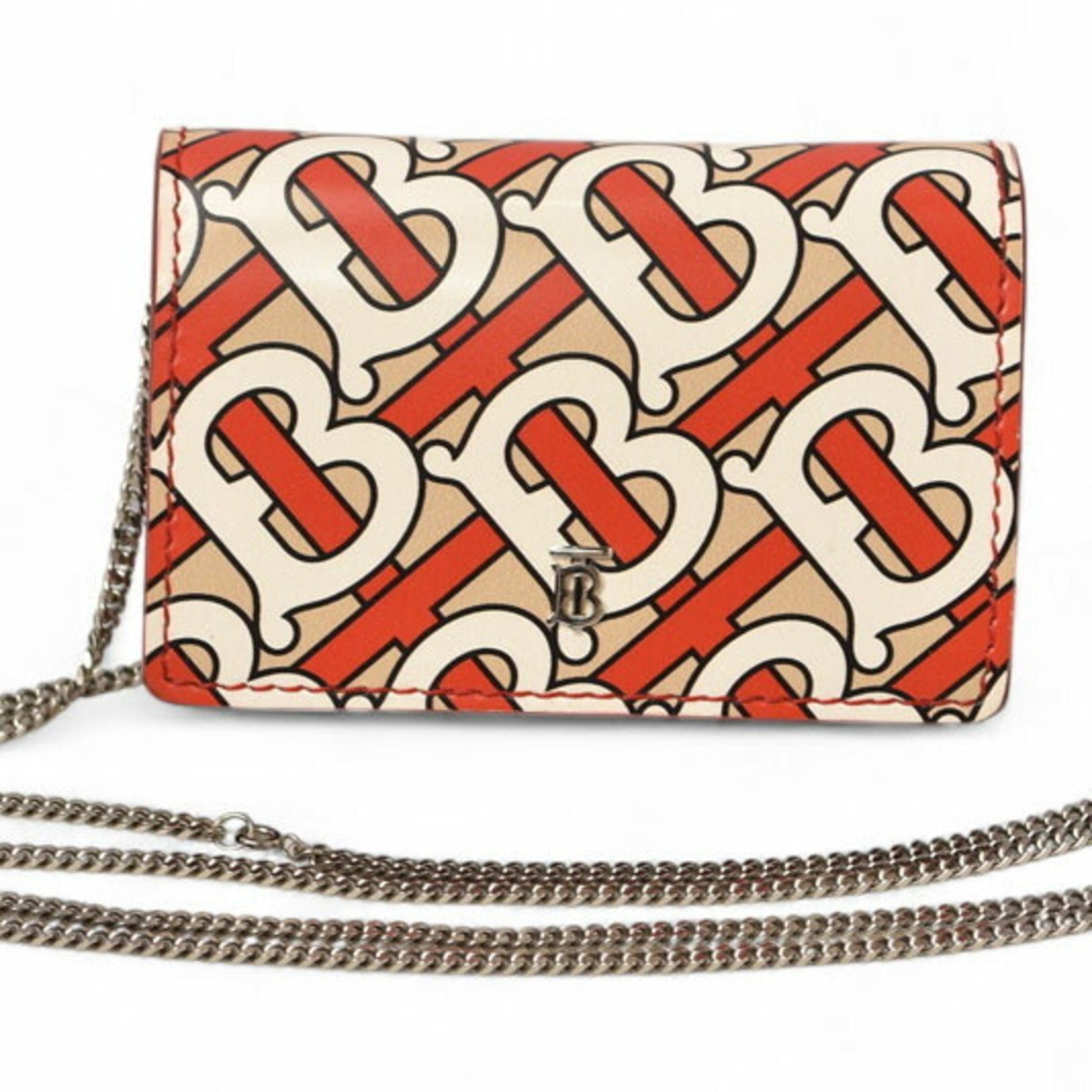 Burberry TB Chain Wallet, Red/Beige, Mini Bifold Coin Case