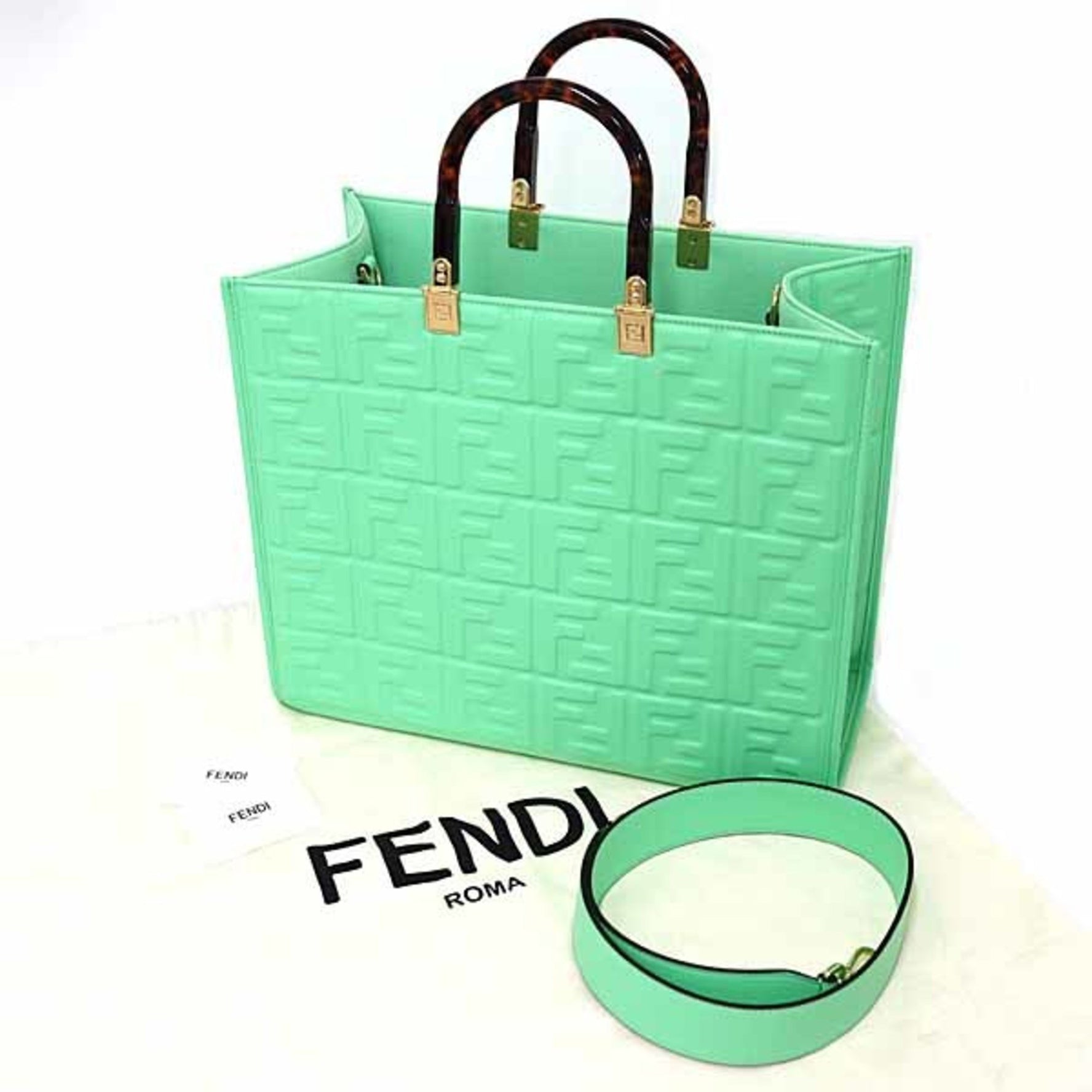 FENDI Sunshine Medium Shopper Bag Tote Shoulder Green Unused