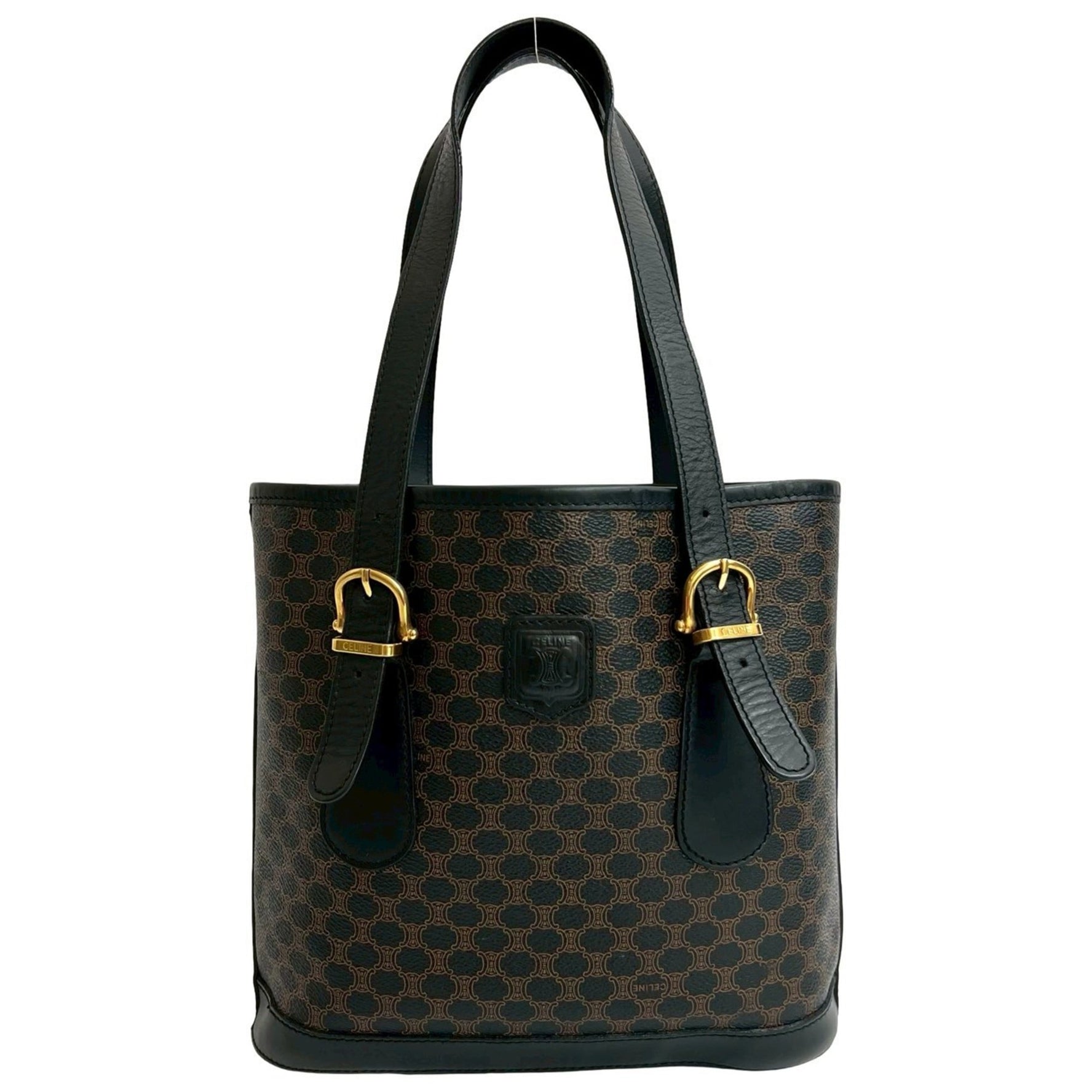 CELINE Macadam Blason Triomphe Leather Tote Bag, Semi-Shoulder Handbag, Black