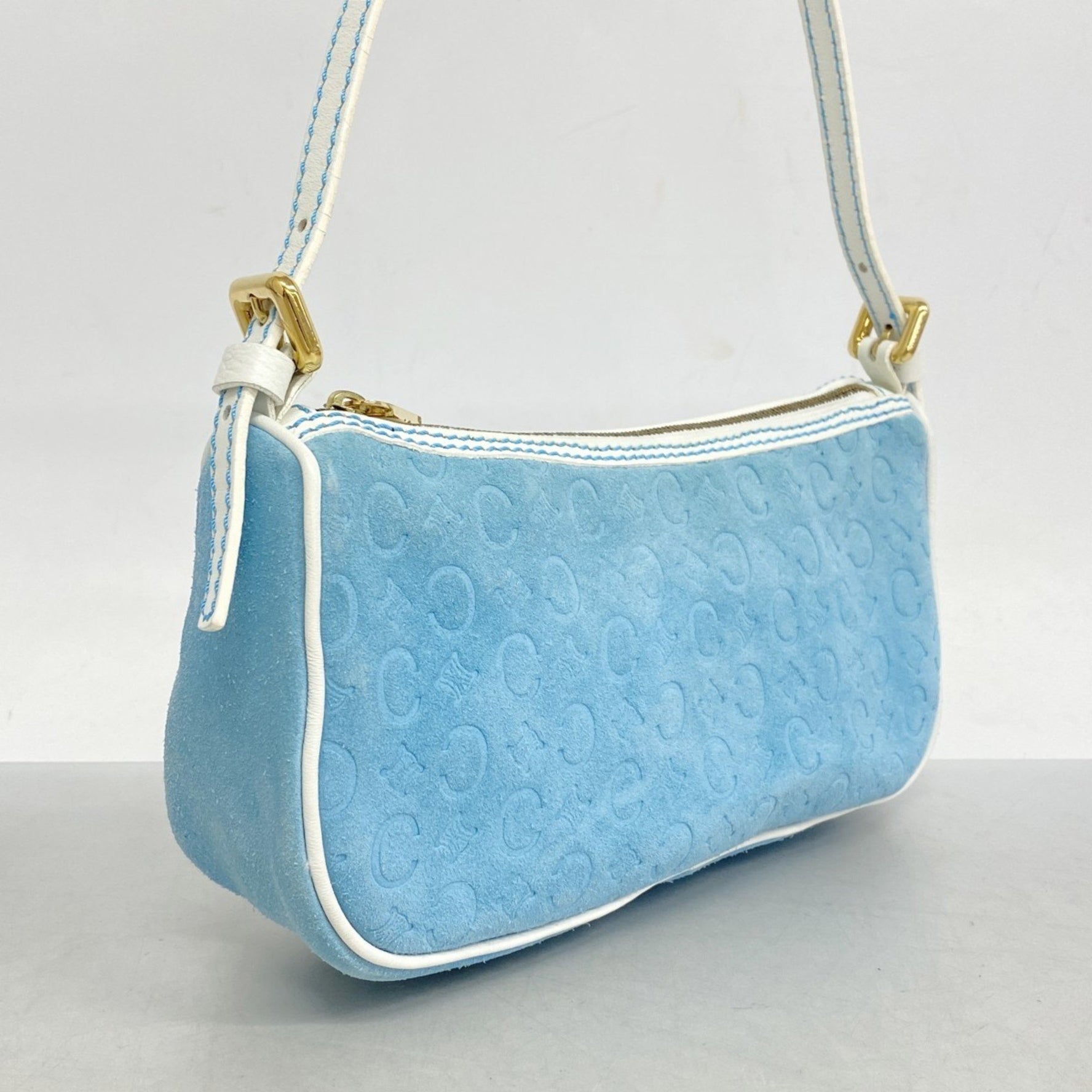 Celine Pouch C Macadam Suede Sky Blue White Women's