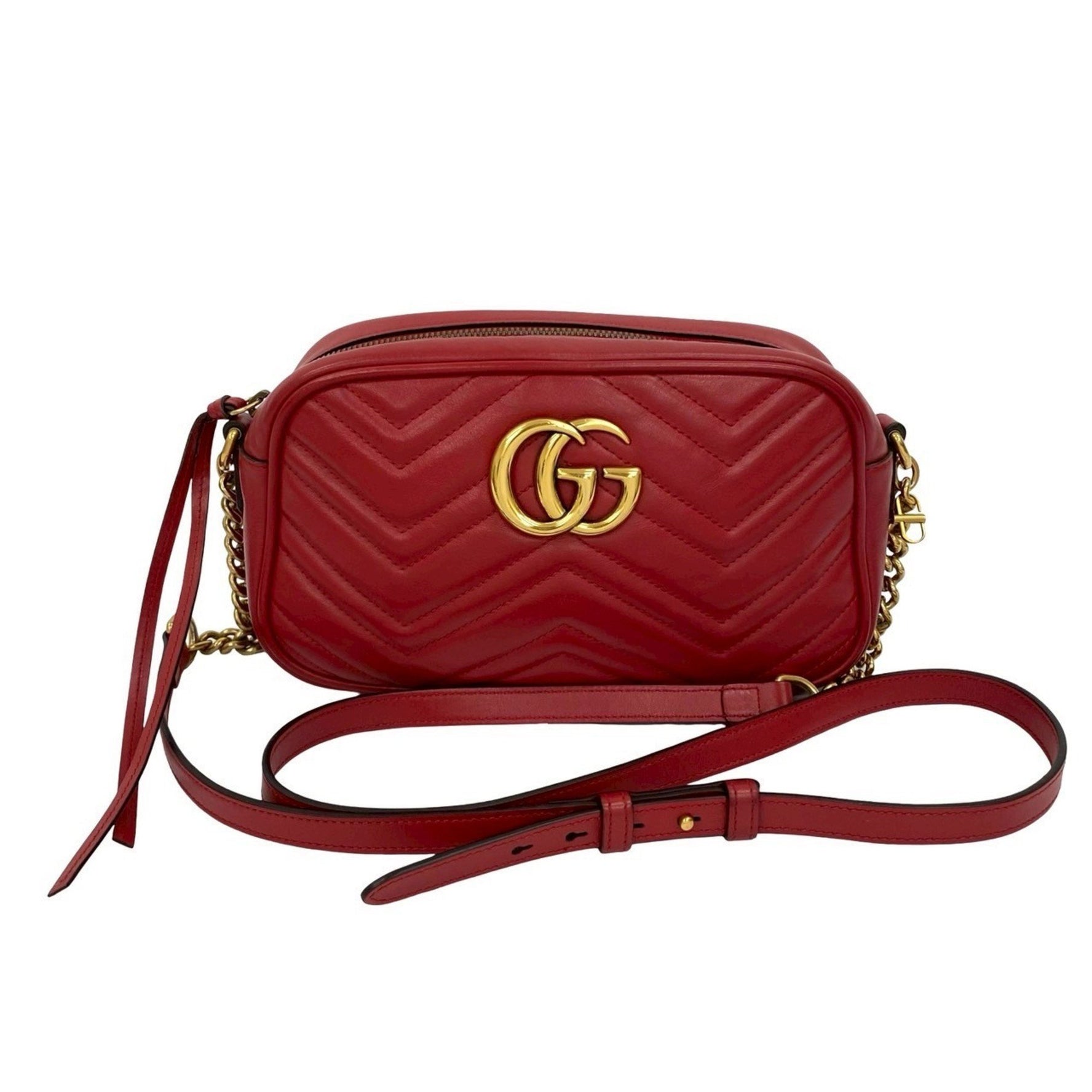 GUCCI GG Marmont Small Camera Bag with Logo and Hardware, Genuine Leather Shoulder Bag, Pochette, or Sacoche, Red
