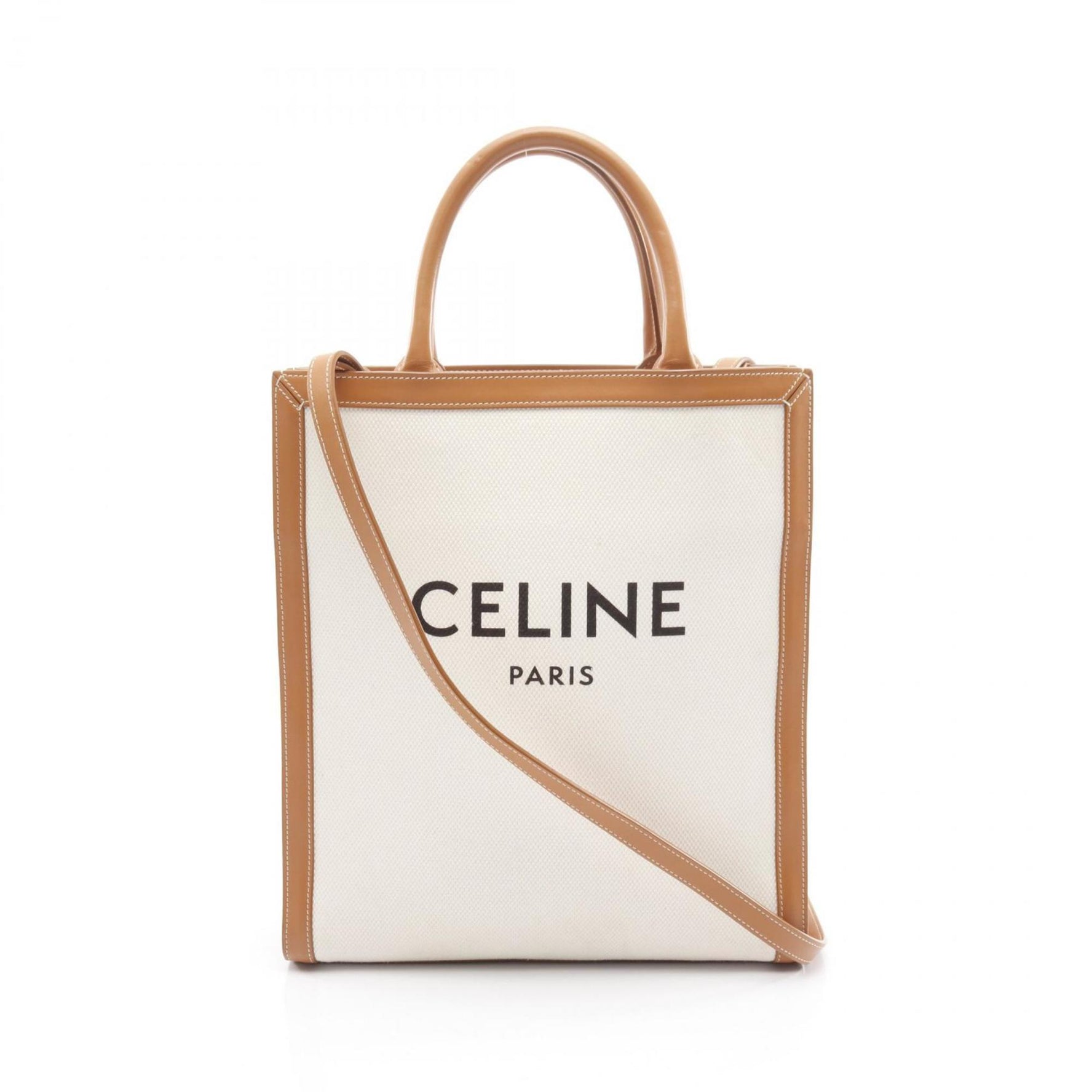 Celine Small Vertical Cabas Tote Bag, Canvas and Leather, White Brown