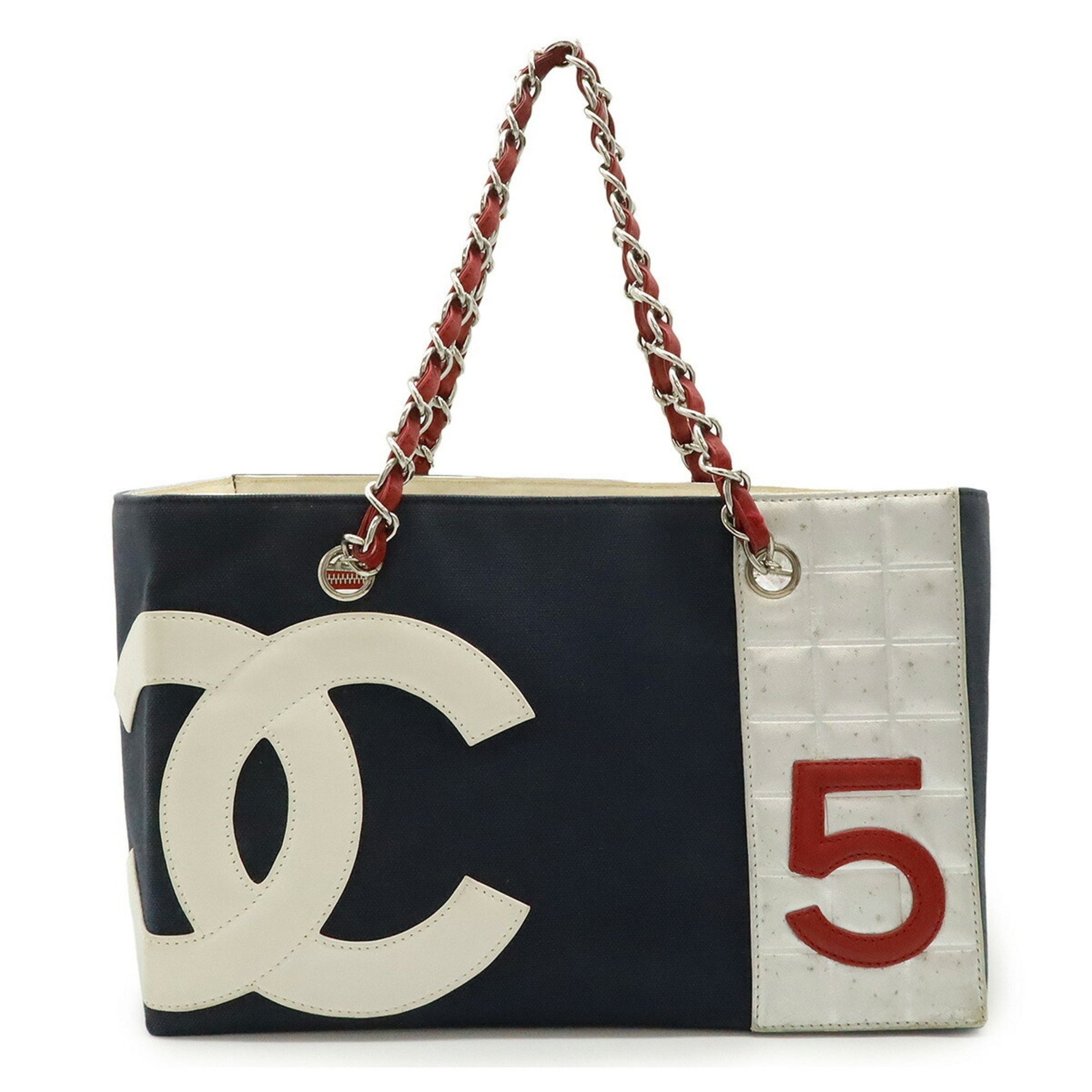 CHANEL Coco Mark No.5 Tote Bag Shoulder Chain Canvas Leather Navy Red Silver A18644