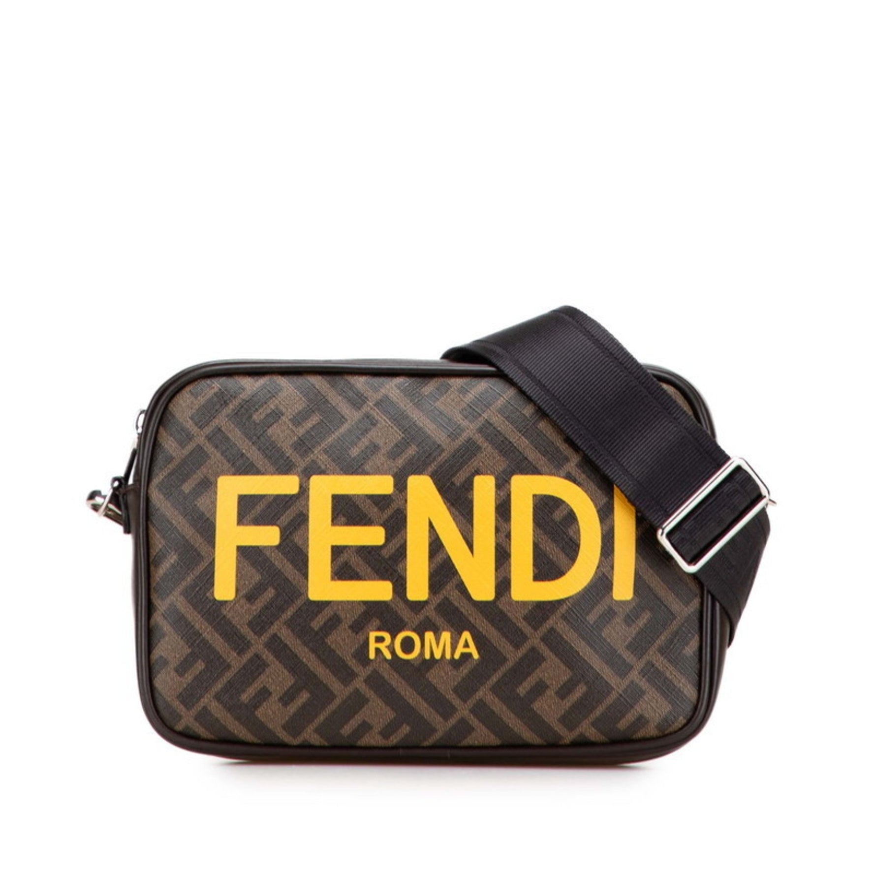 Fendi Zucca ROMA Camera Bag, Crossbody Shoulder Bag Brown and Yellow Leather