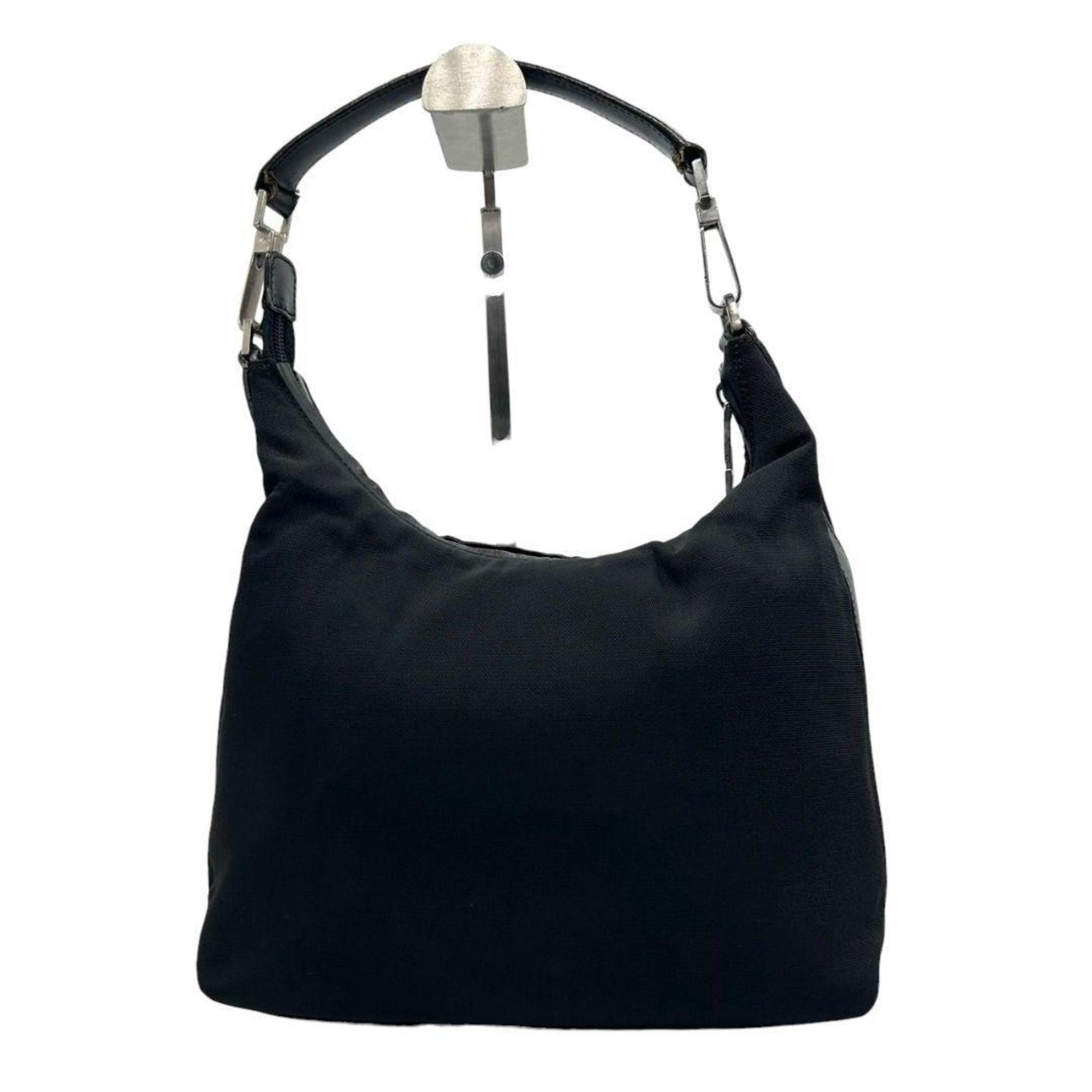Gucci handbag, one-shoulder, nylon and leather, tote bag, shoulder silver hardware, 002058