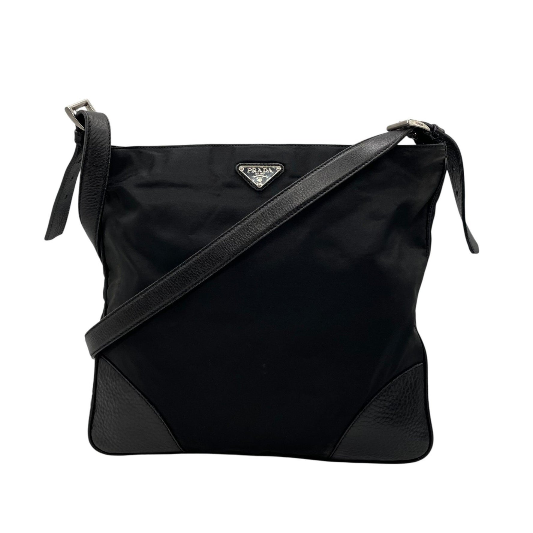 PRADA Prada Shoulder Bag, Nylon and Leather, Black, Triangle Logo Plate, Silver Hardware, Crossbody, Men's Women's, 13K Gold