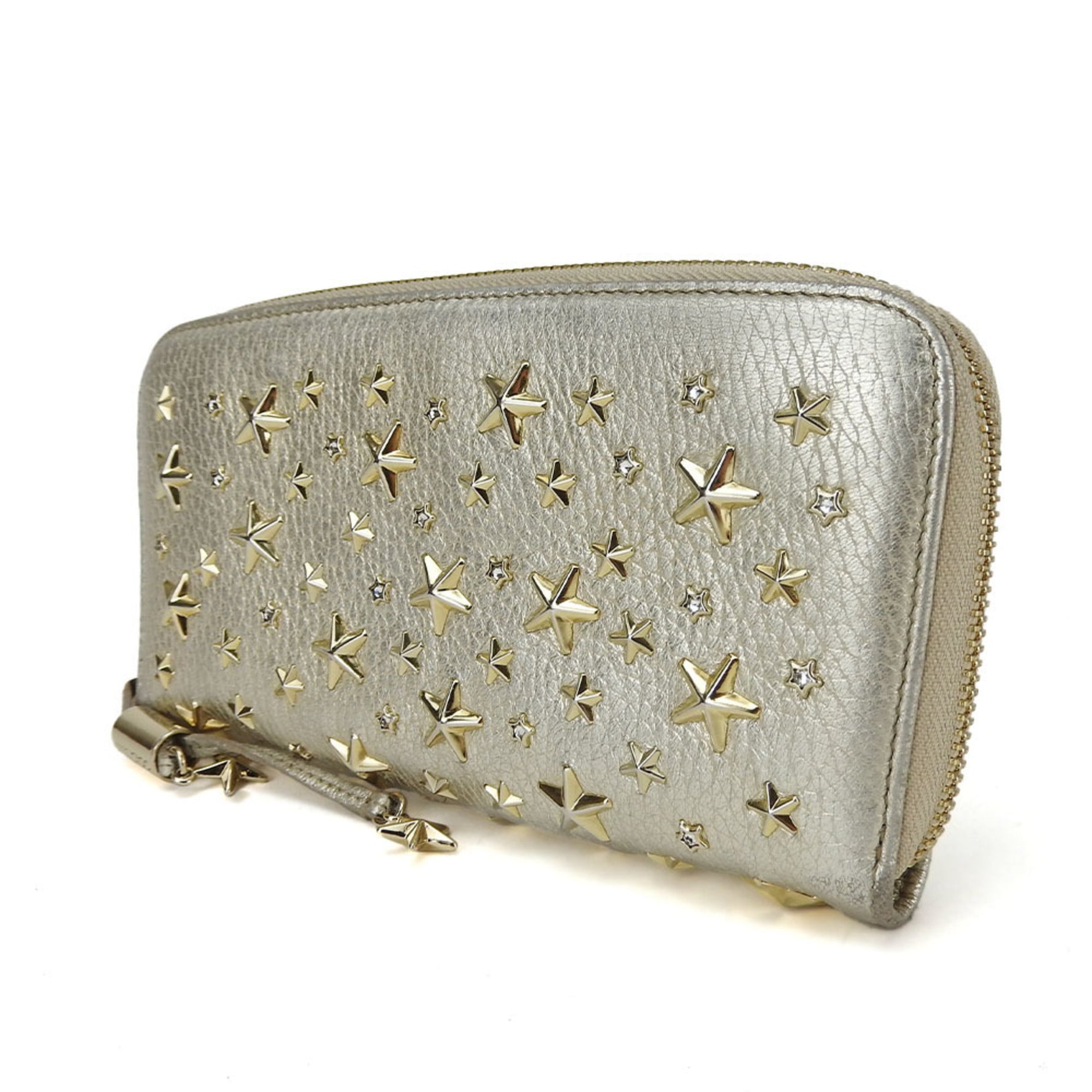 Jimmy Choo Long Wallet Leather Champagne Gold Star Studs Crystal Round Ladies
