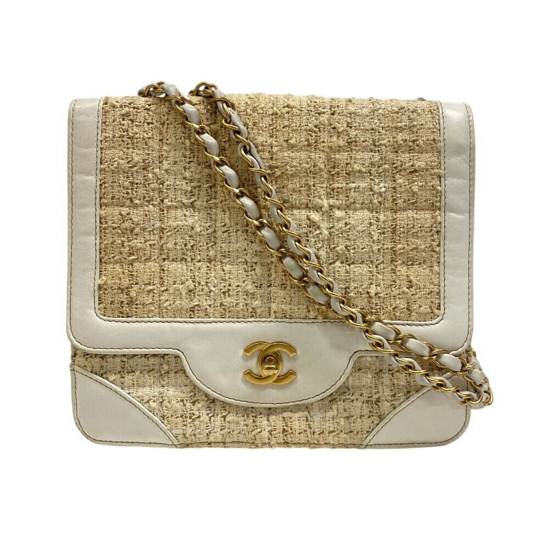 CHANEL Double Chain Shoulder Coco Mark Tweed Bag White
