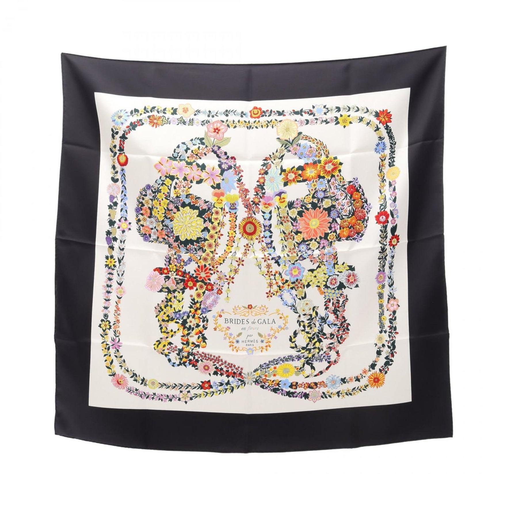 Hermès HERMES Carré 90 BRIDES de GALA en Fleurs Silk Scarf Black, Ivory, Multicolor