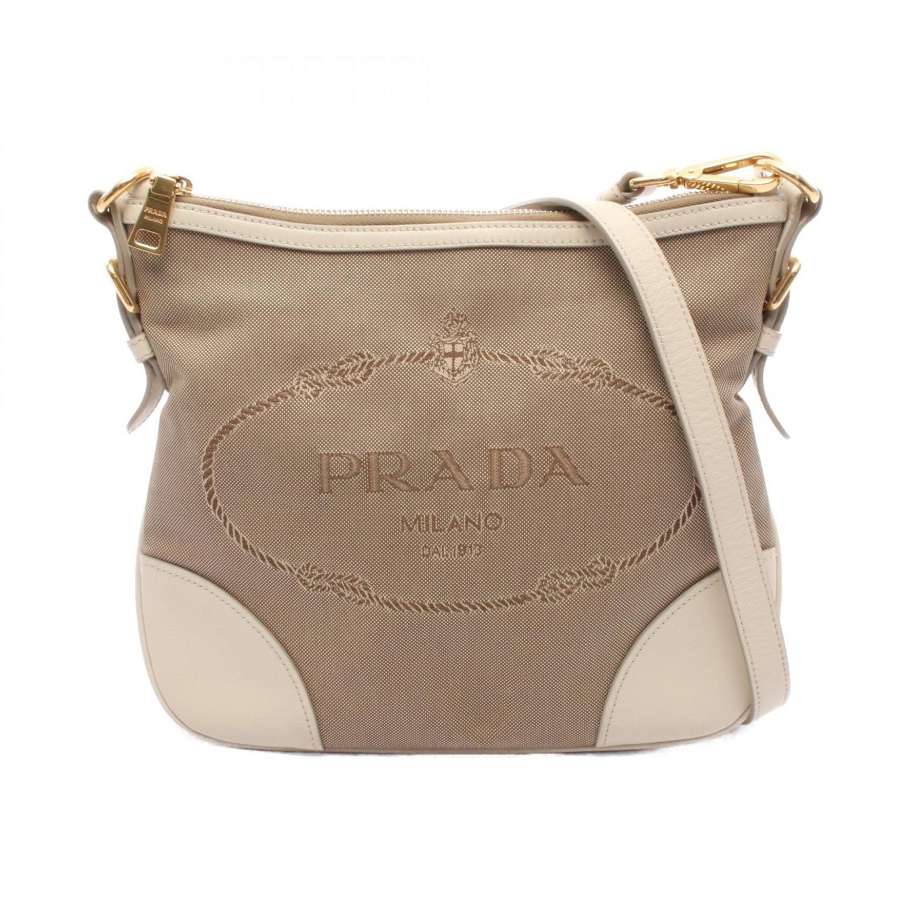 Prada Logo Jacquard Shoulder Bag in Canvas and Leather, Beige/Ivory