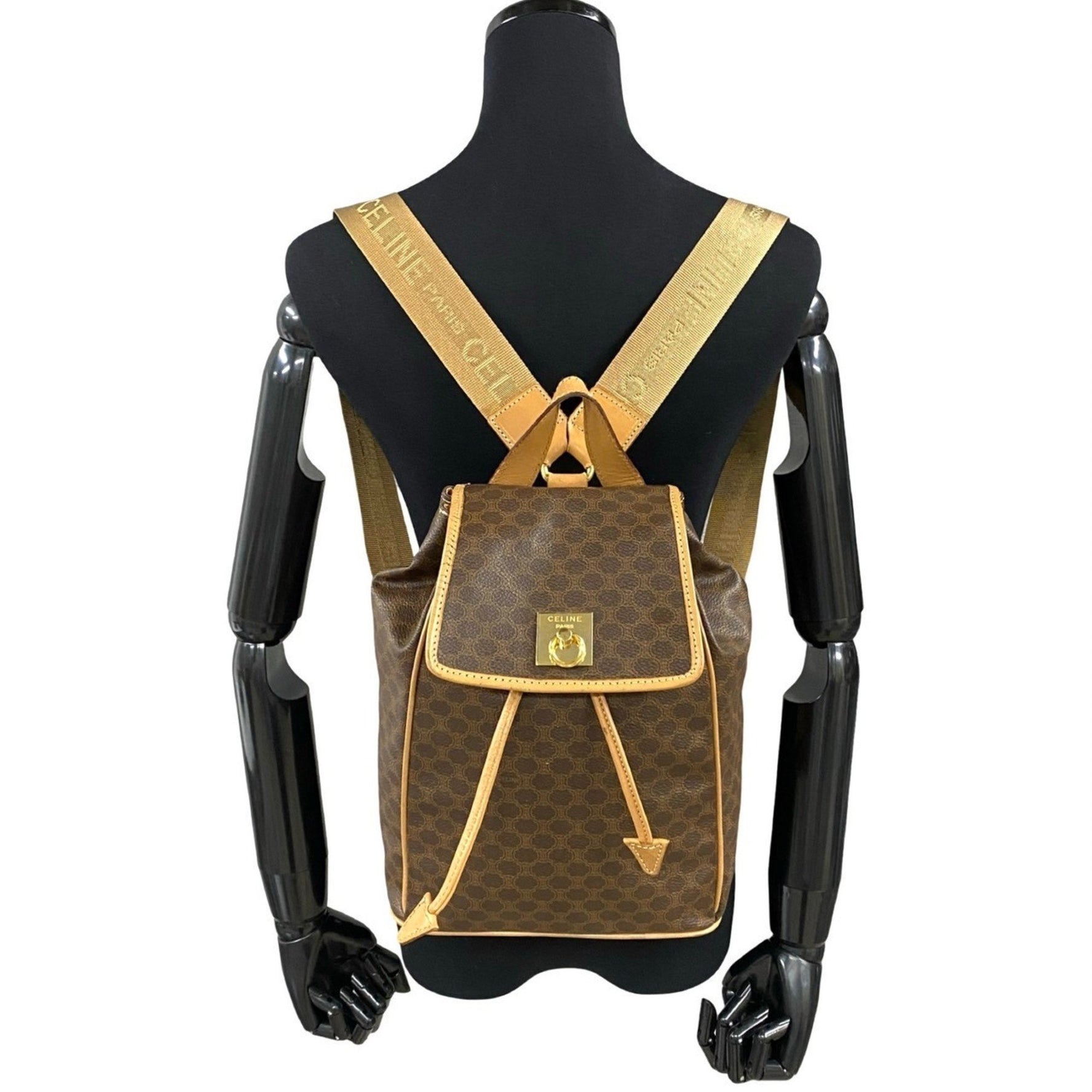 CELINE Vintage Macadam Blason Pattern with Logo and Ring Hardware, Leather Backpack