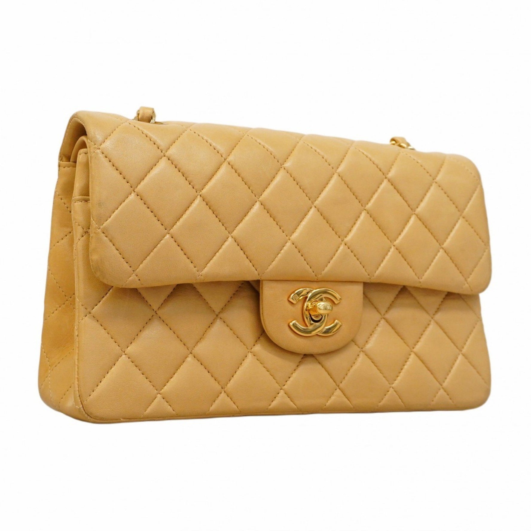 Chanel Matelasse Shoulder Bag with Double Flap and Chain, Lambskin, Beige, Women's