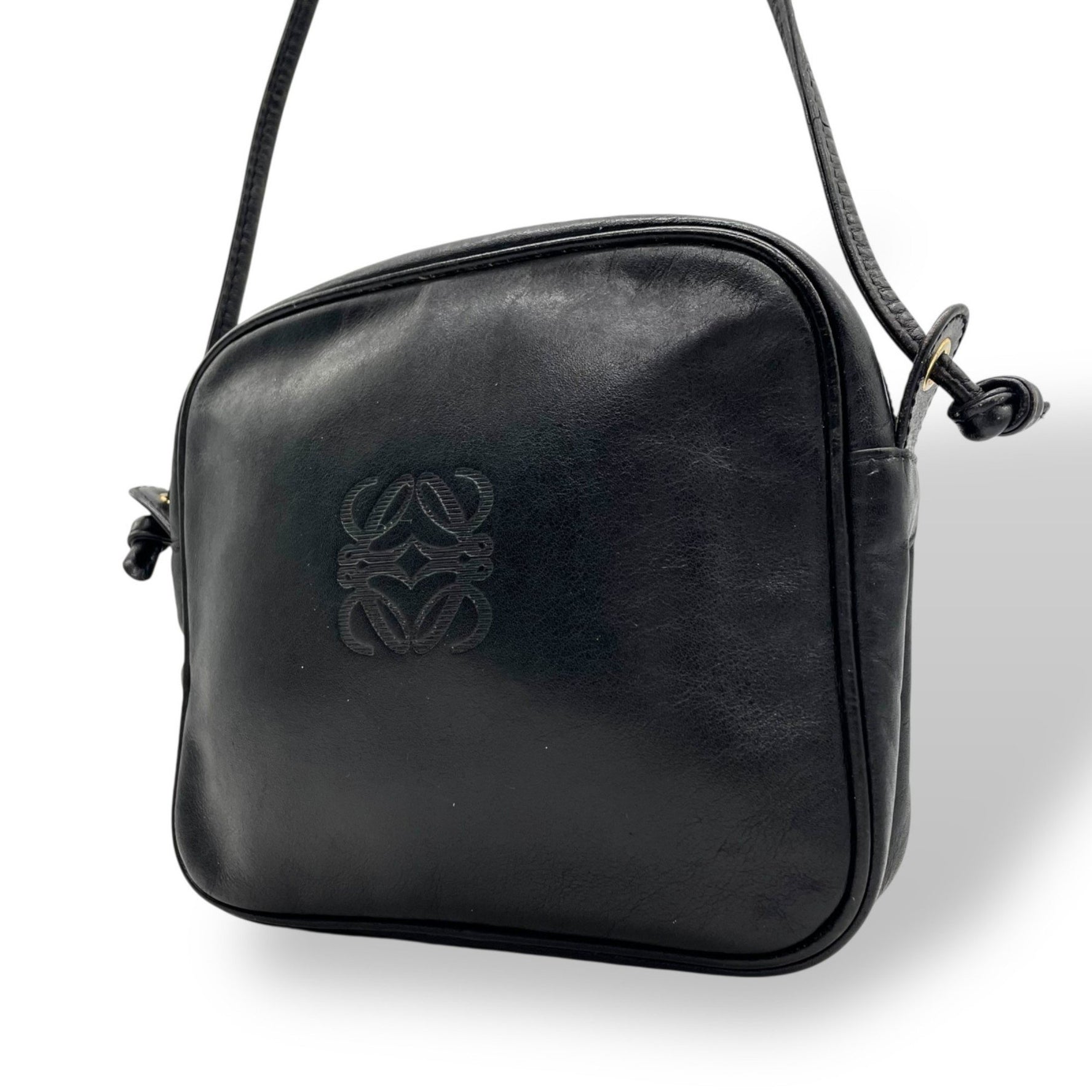 LOEWE Women's Anagram Logo Mini Shoulder Bag, Black Leather, Gold Hardware, Crossbody D2