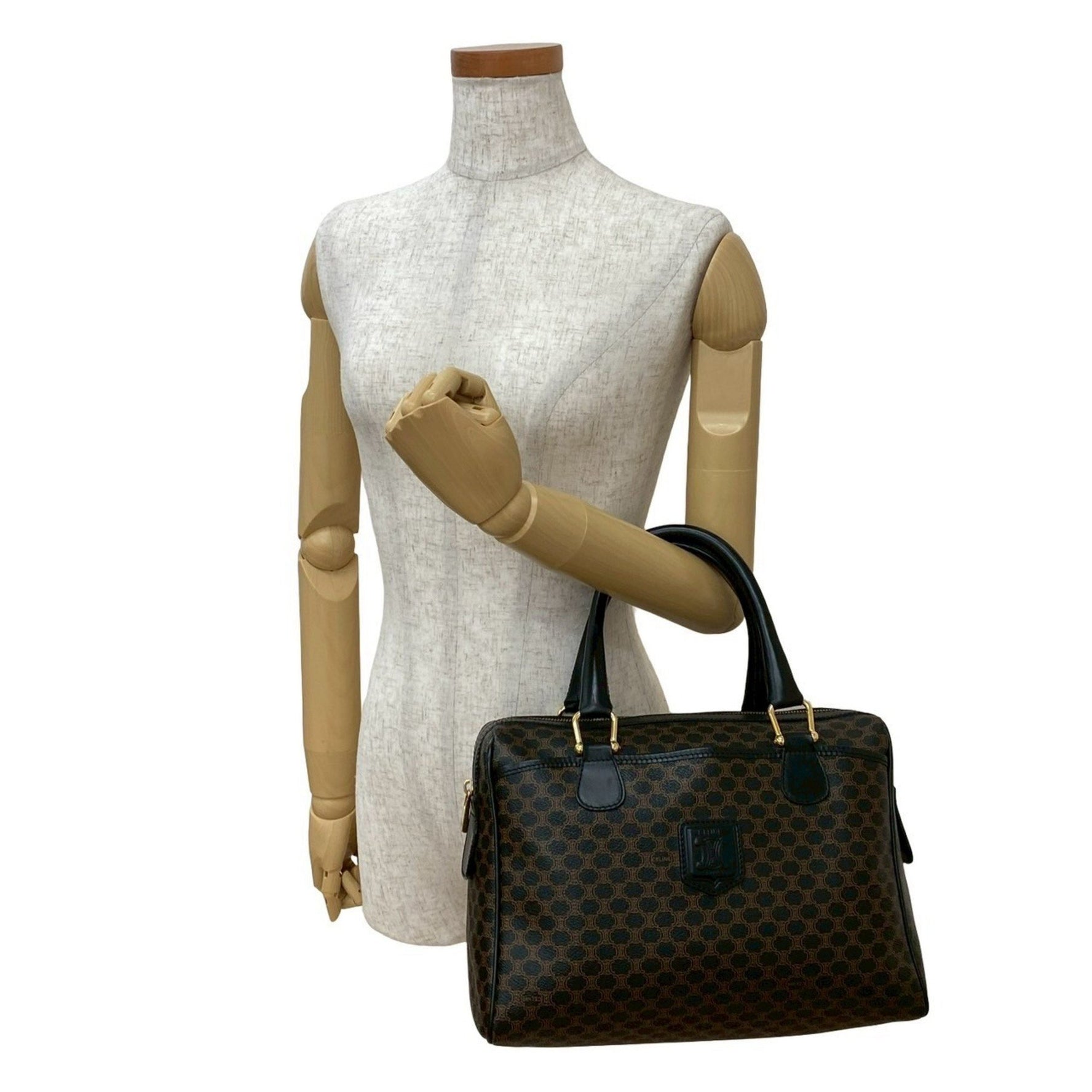 CELINE Vintage Macadam Blason Logo Print Leather Handbag/Mini Boston Bag, Black