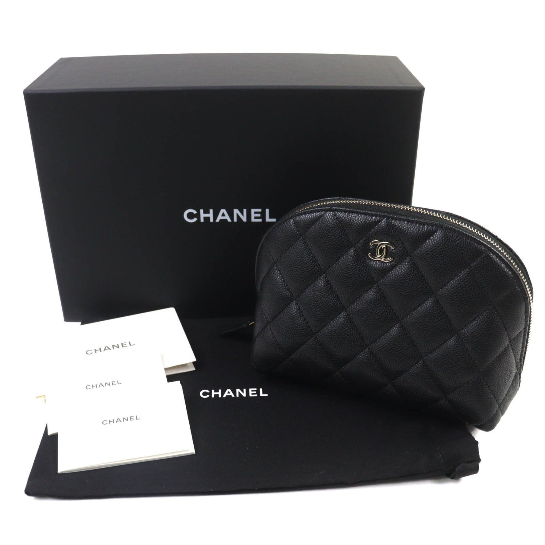 CHANEL Coco Mark Caviar Leather Matelasse Pouch with Random Serial Number, Gold Hardware, Box and Dust Bag, Made in Italy