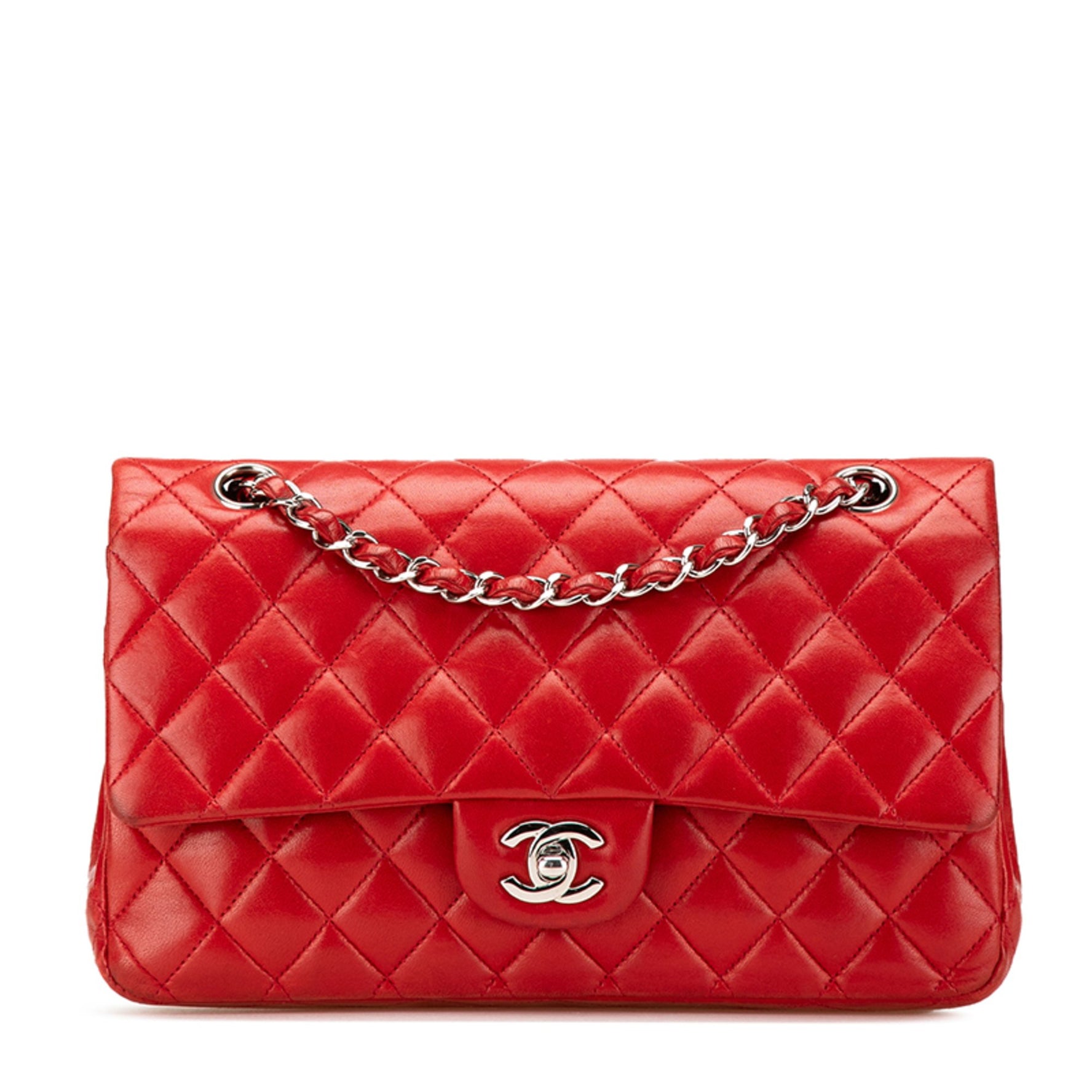 CHANEL Coco Mark Matelasse 25 Double Flap Chain Shoulder Bag in Red Lambskin