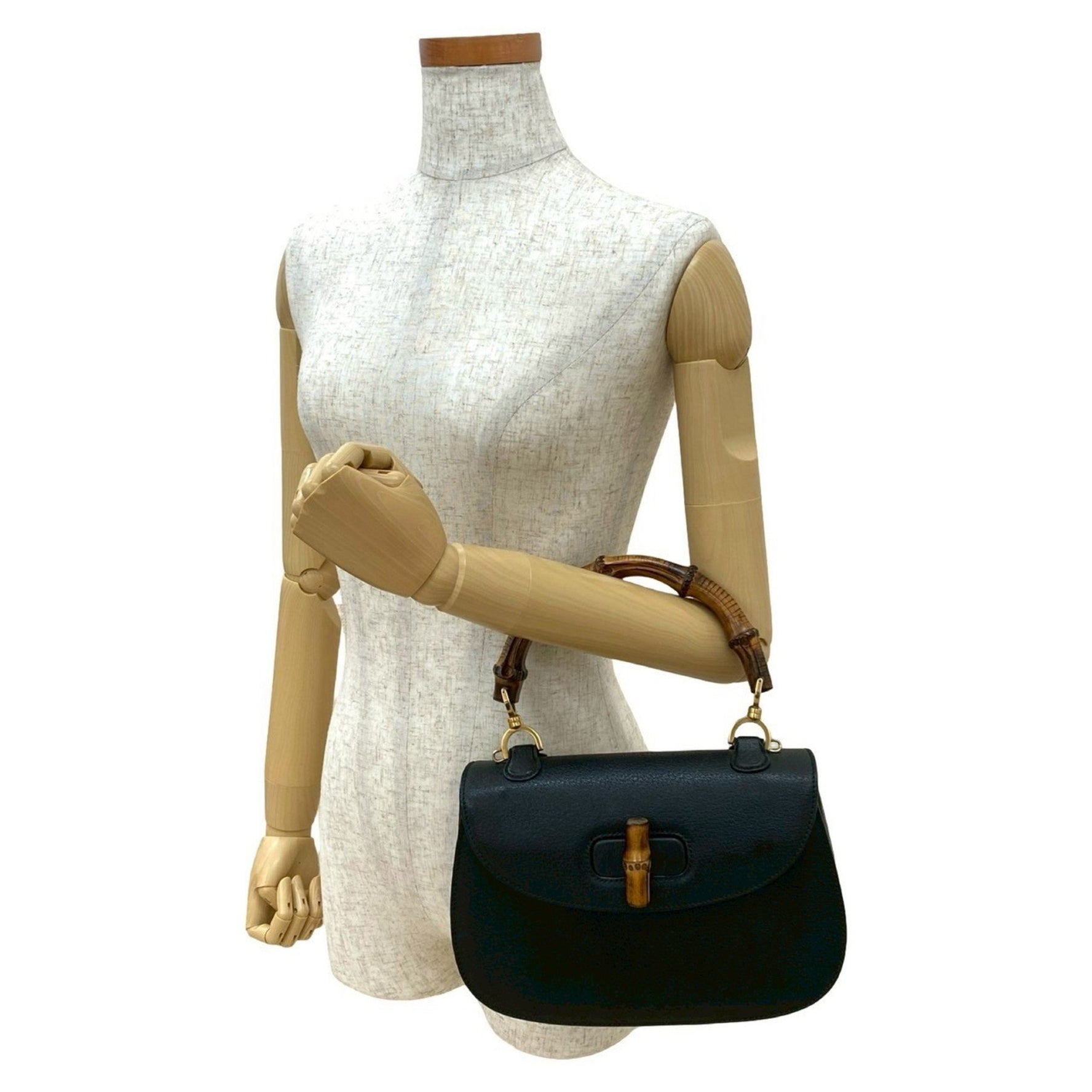 GUCCI Old Gucci Turnlock Bamboo Leather Handbag Tote Bag in Black 237-7