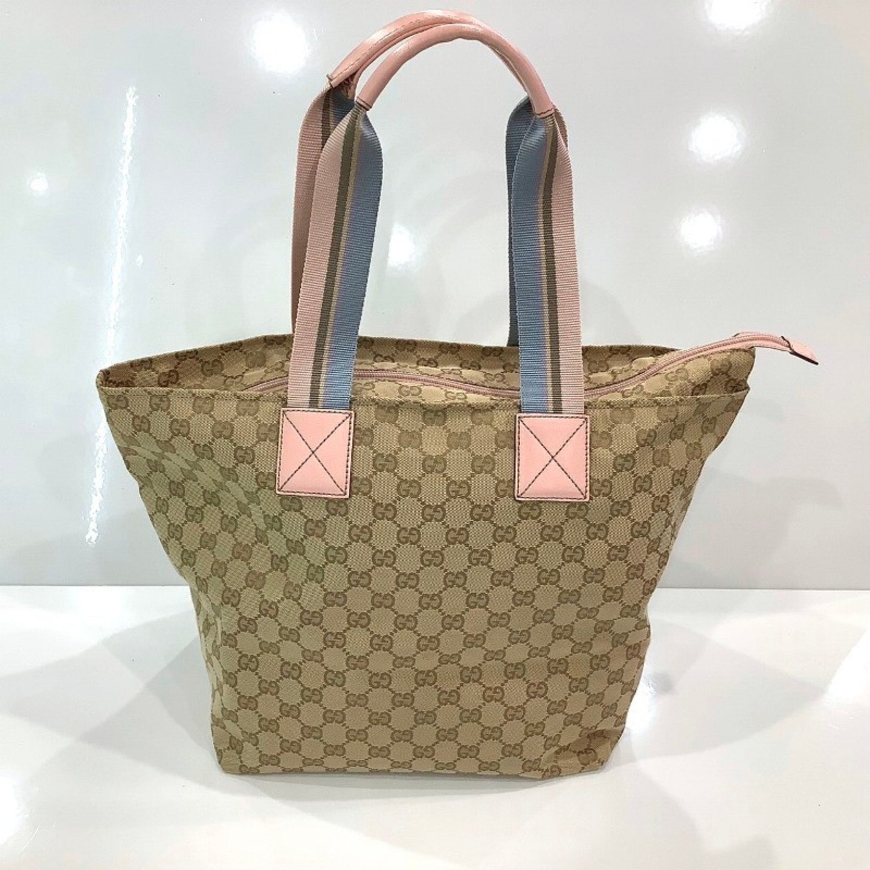 GUCCI GG Canvas Sherry Line Tote Bag Leather Beige Pink