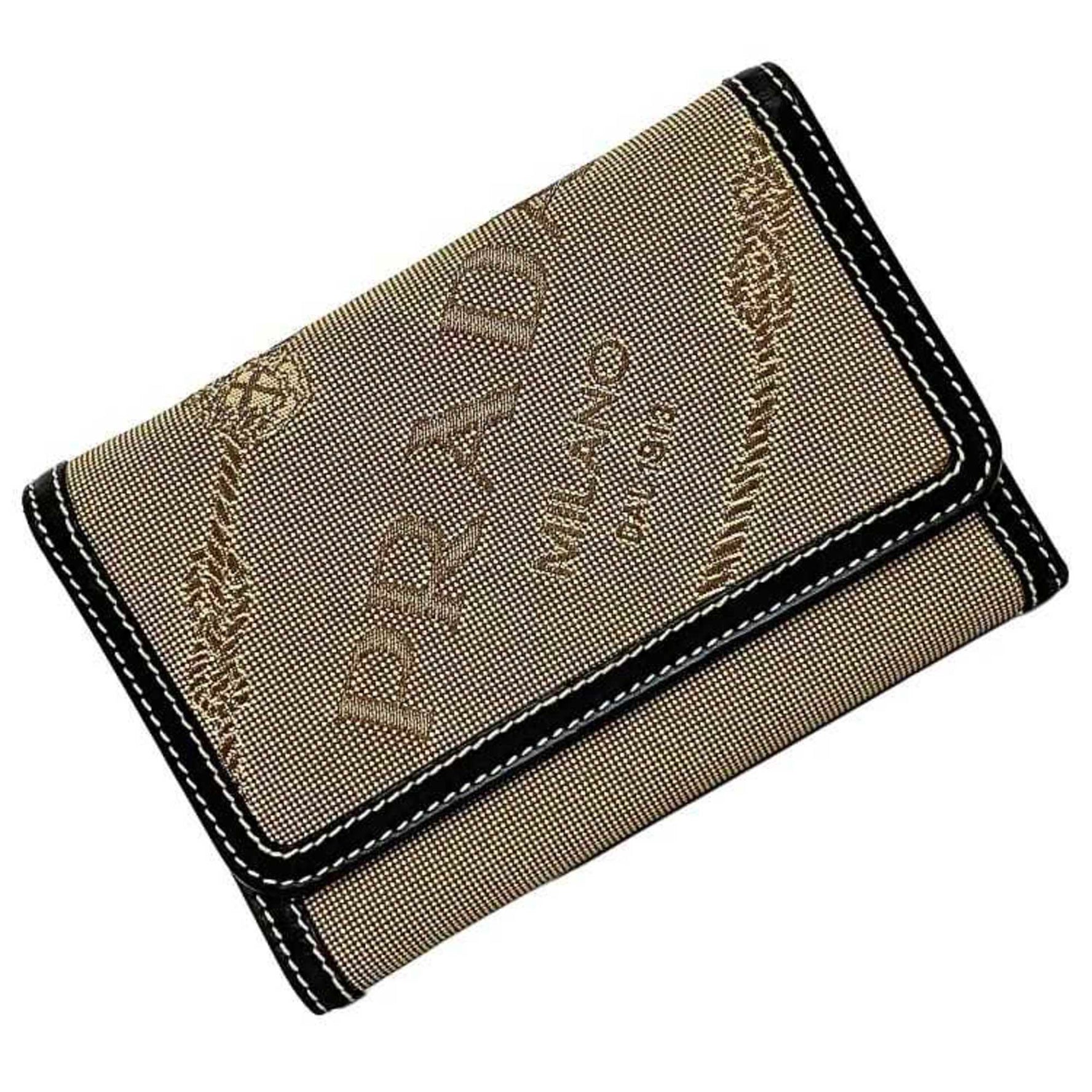 Prada tri-fold wallet beige black corda bull chart 1M0510 jacquard canvas leather PRADA fold embroidery compact ladies