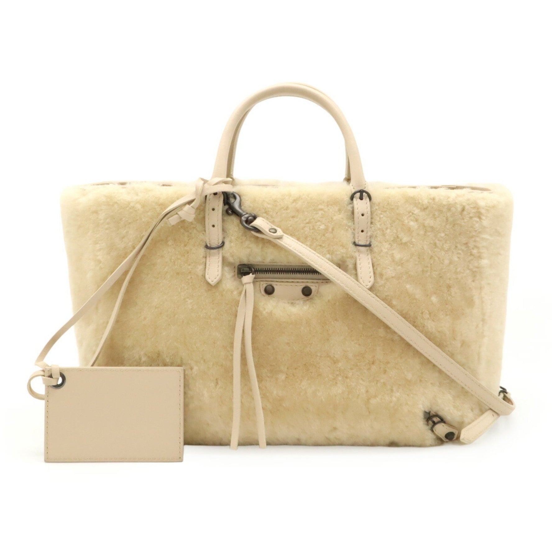 BALENCIAGA Paper Handbag Tote Bag Shoulder Fur Leather Pink Beige