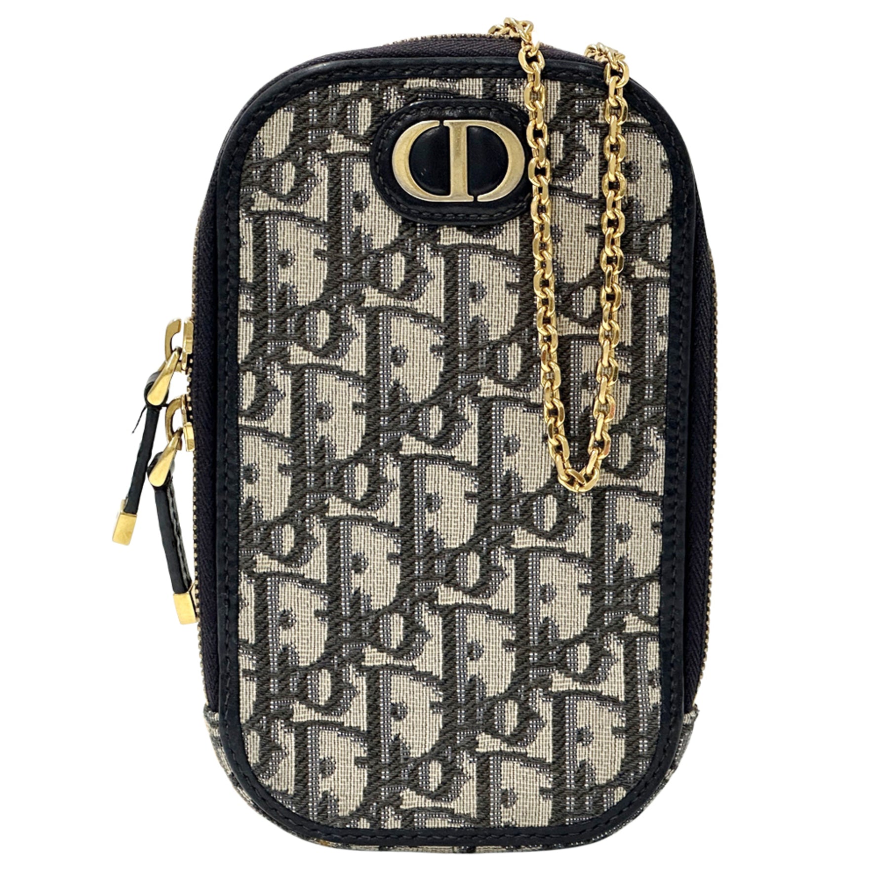 Christian Dior Dior Montaigne Oblique Shoulder Bag with Jacquard and Phone Holder, Navy Beige Trotter, Crossbody Chain.