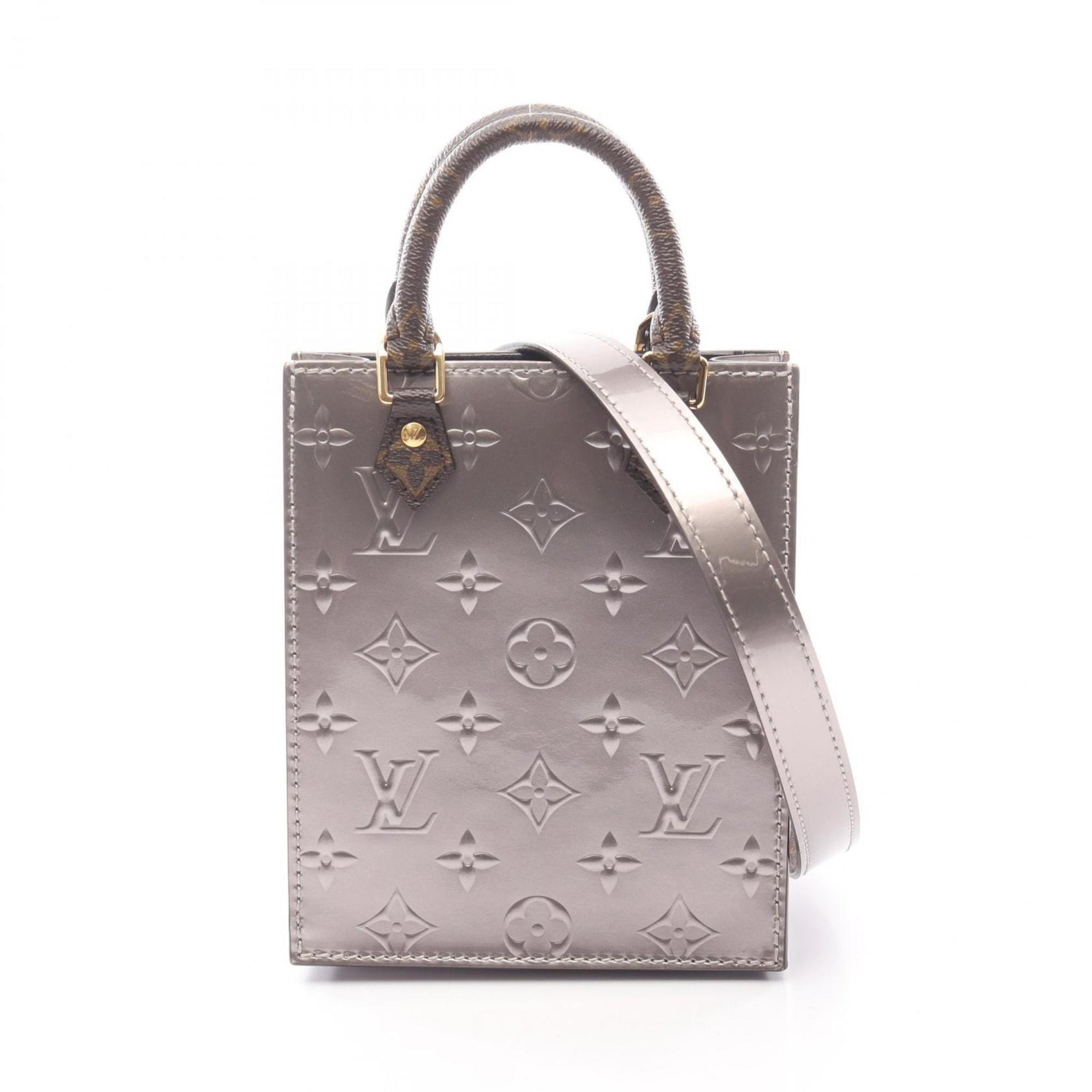 Louis Vuitton Petite Sac Plat Monogram Vernis Taupe Handbag, Leather and Coated Canvas, Pink Brown