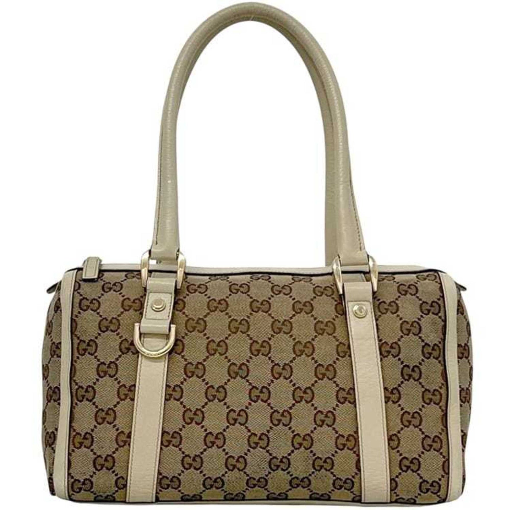 Gucci Mini Boston Bag Beige White Abbey Canvas Leather 1669 Handbag GG