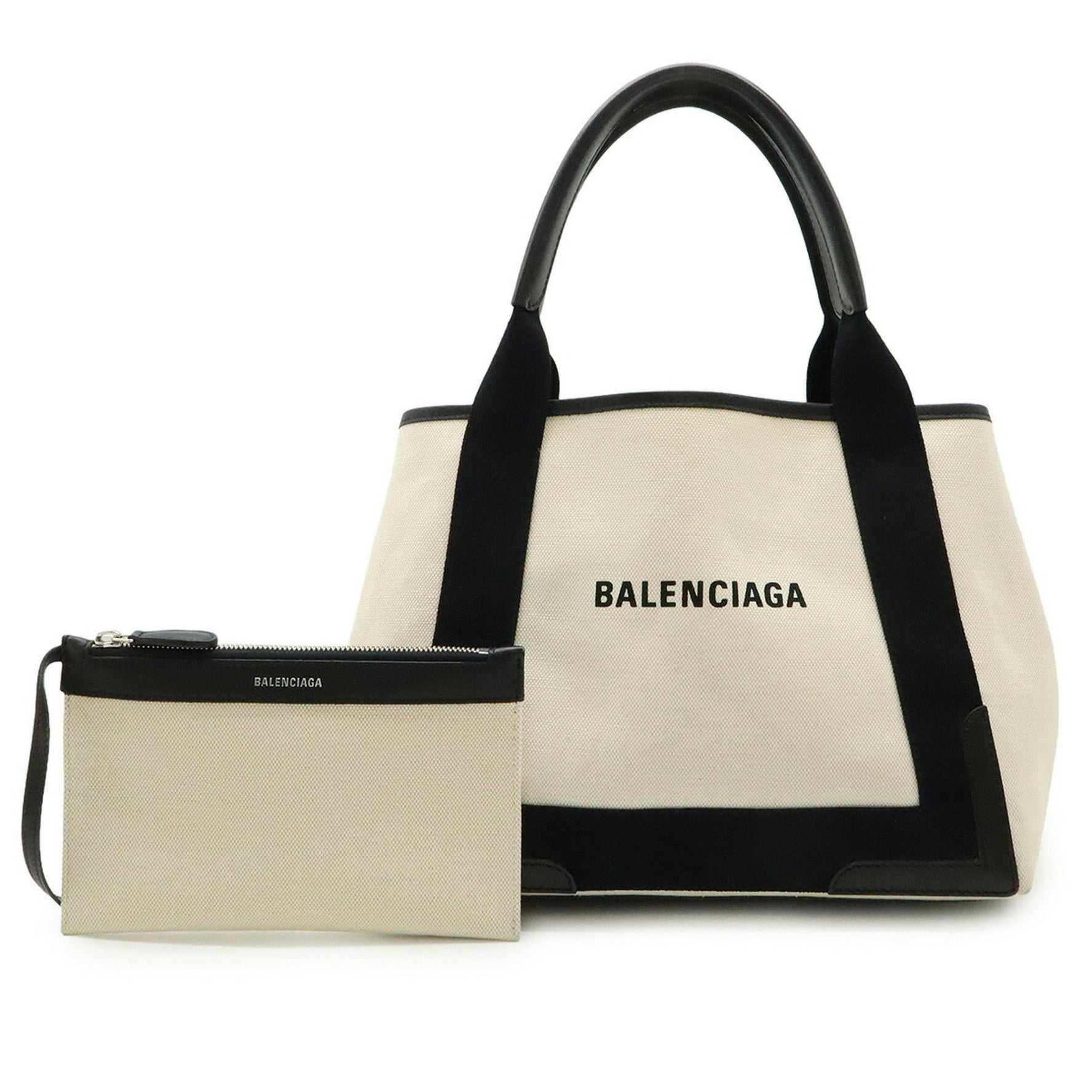 BALENCIAGA Navy Cabas S Tote Bag Handbag Canvas Leather Natural Black