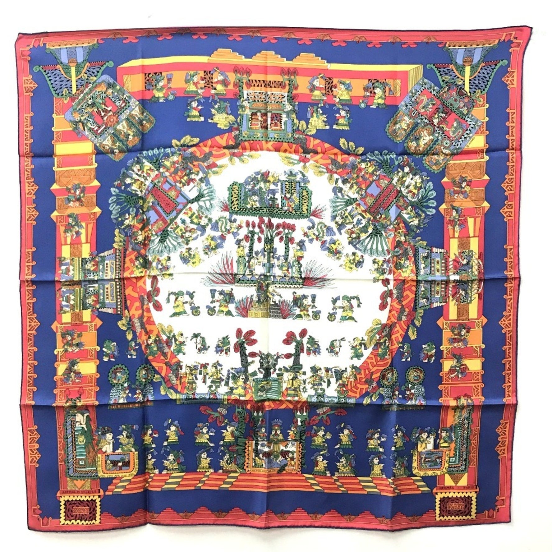 HERMES Carré 90 ASTRES et SOLEILS Celestial Bodies and the Sun Ethnic Scarf/Muffler Silk Blue/Red/White Like New