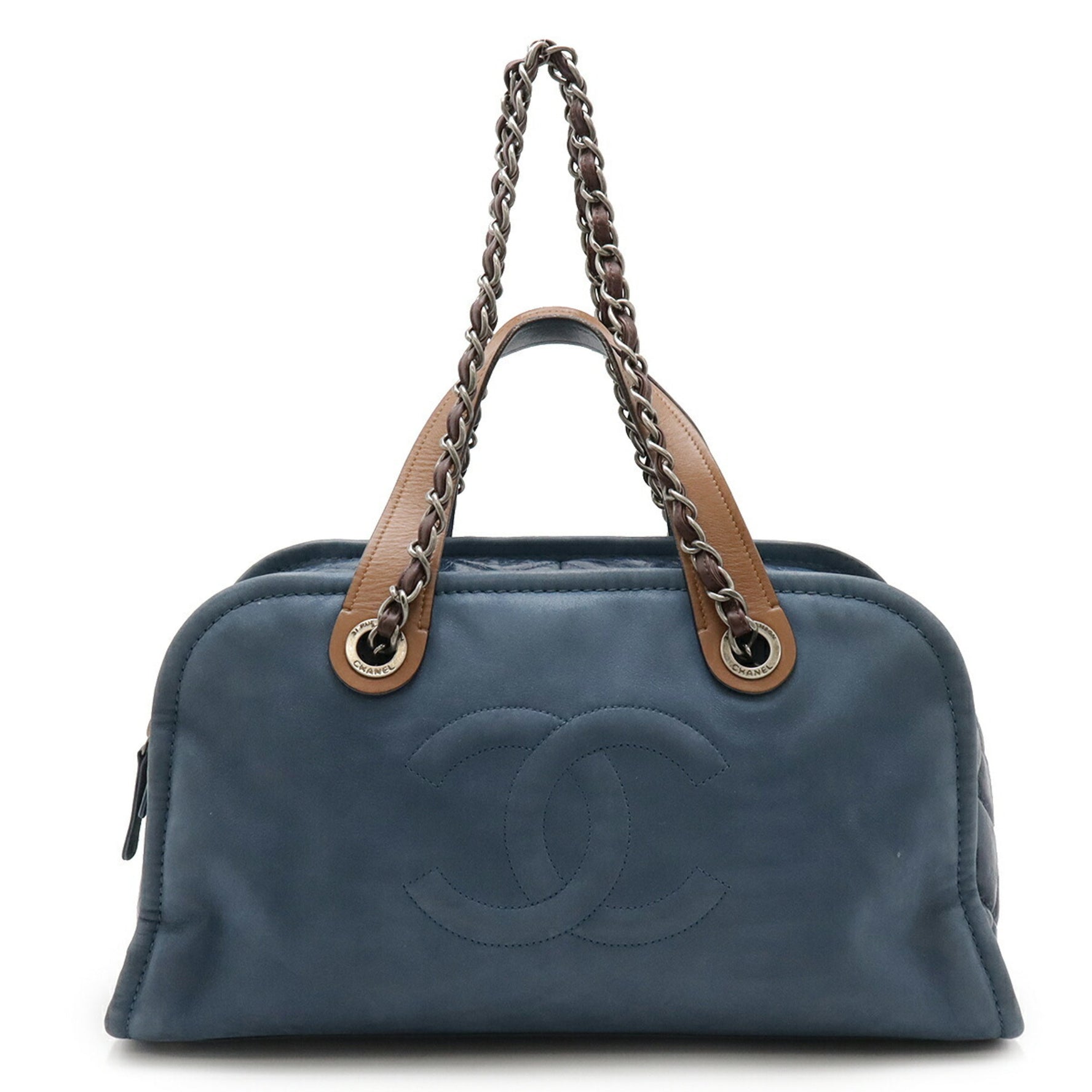 CHANEL In the Mix Matelasse Coco Mark Chain Shoulder Bag Handbag Mini Boston Leather Smoke Blue