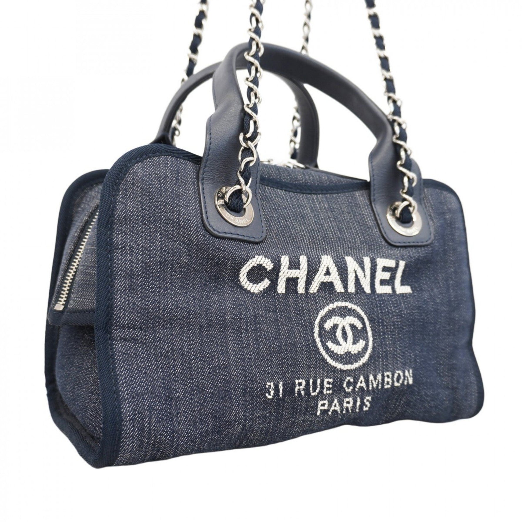 Chanel Deauville handbag with chain shoulder strap in denim and a bag