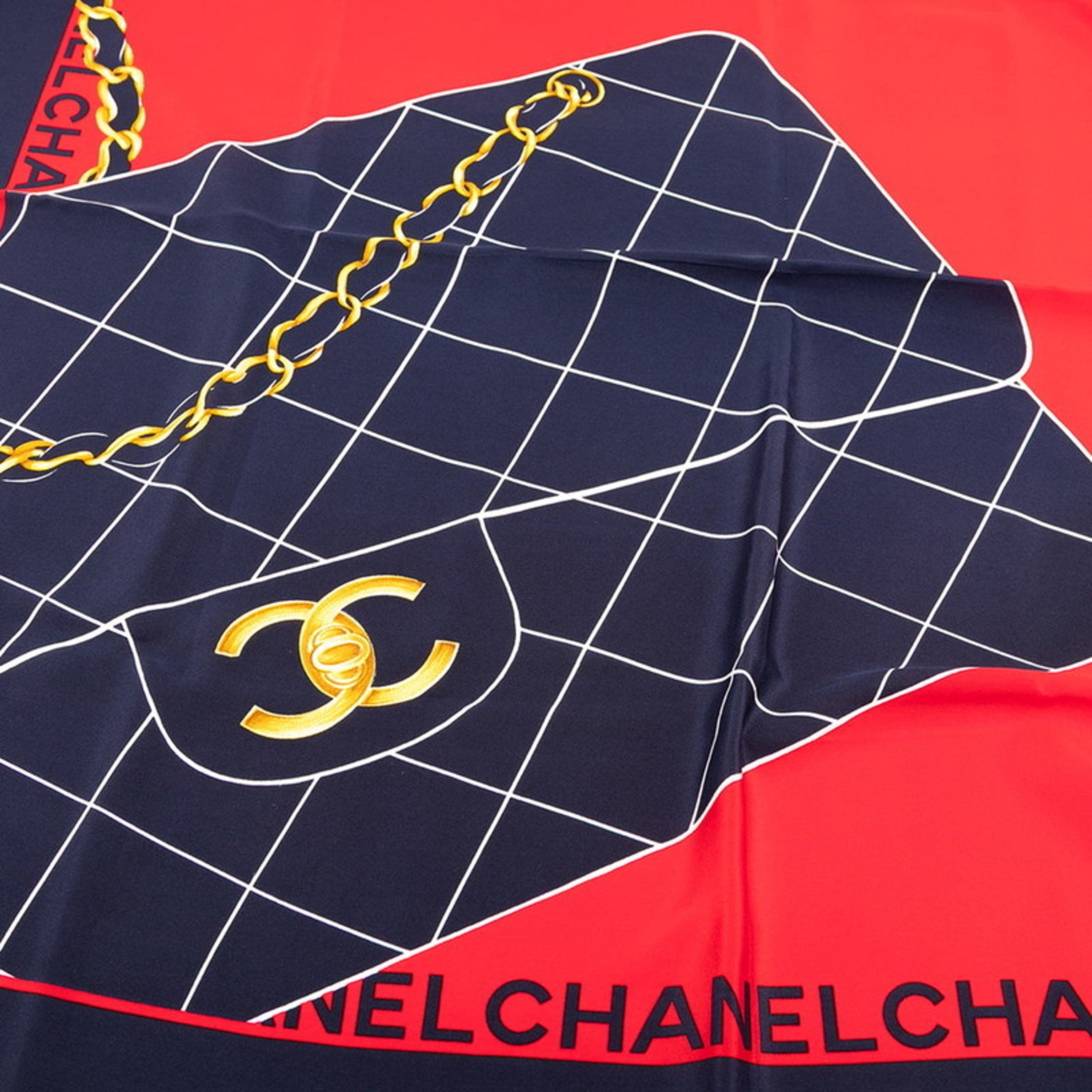 CHANEL logo matelasse bag motif scarf, red, navy, multicolor, silk