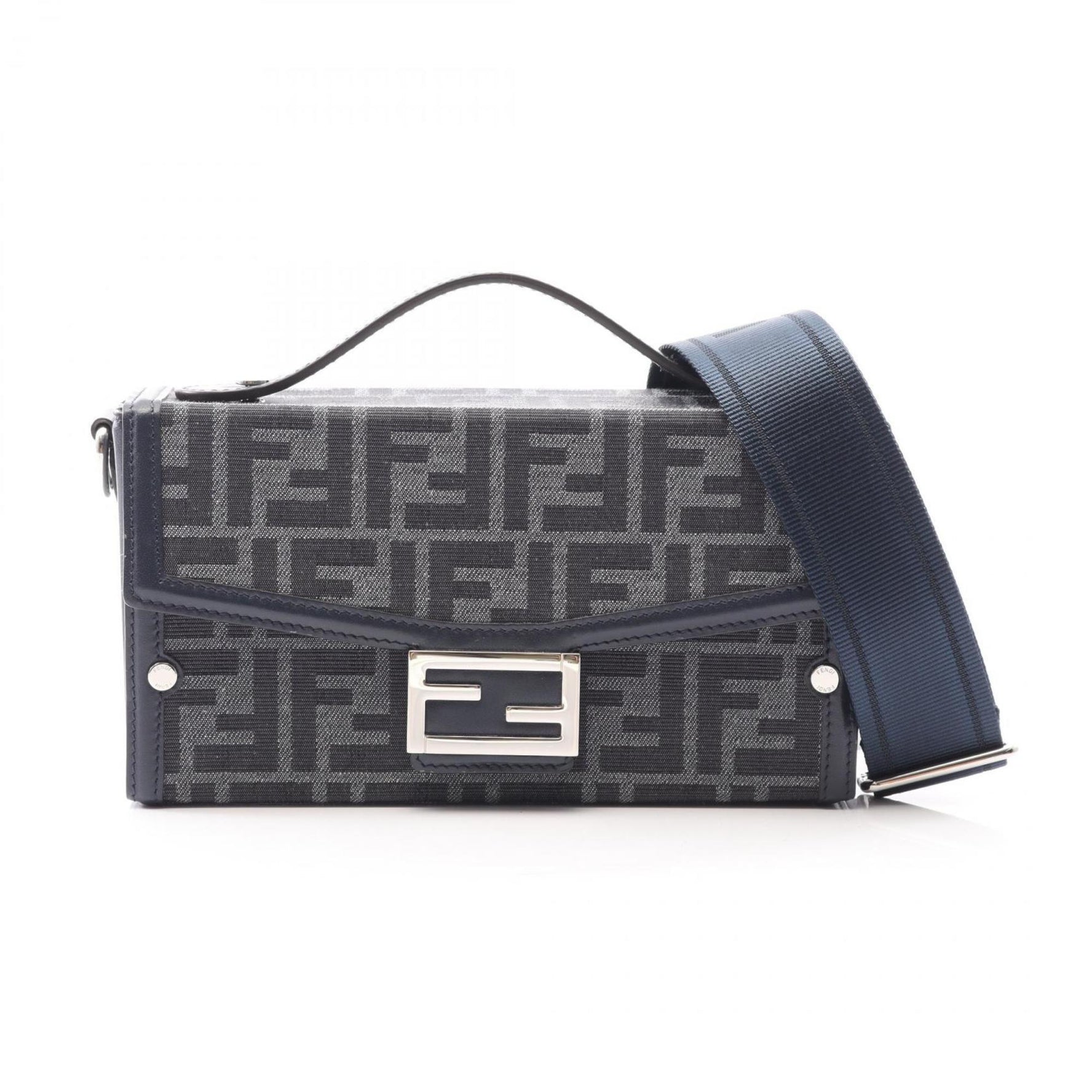 FENDI Soft Trunk Baguette Zucca Handbag, Canvas and Leather, Gray, Black, Navy
