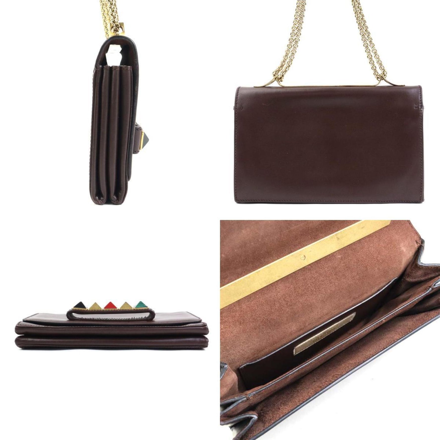 Valentino Garavani Shoulder Bag Leather Metal Dark Brown Gold