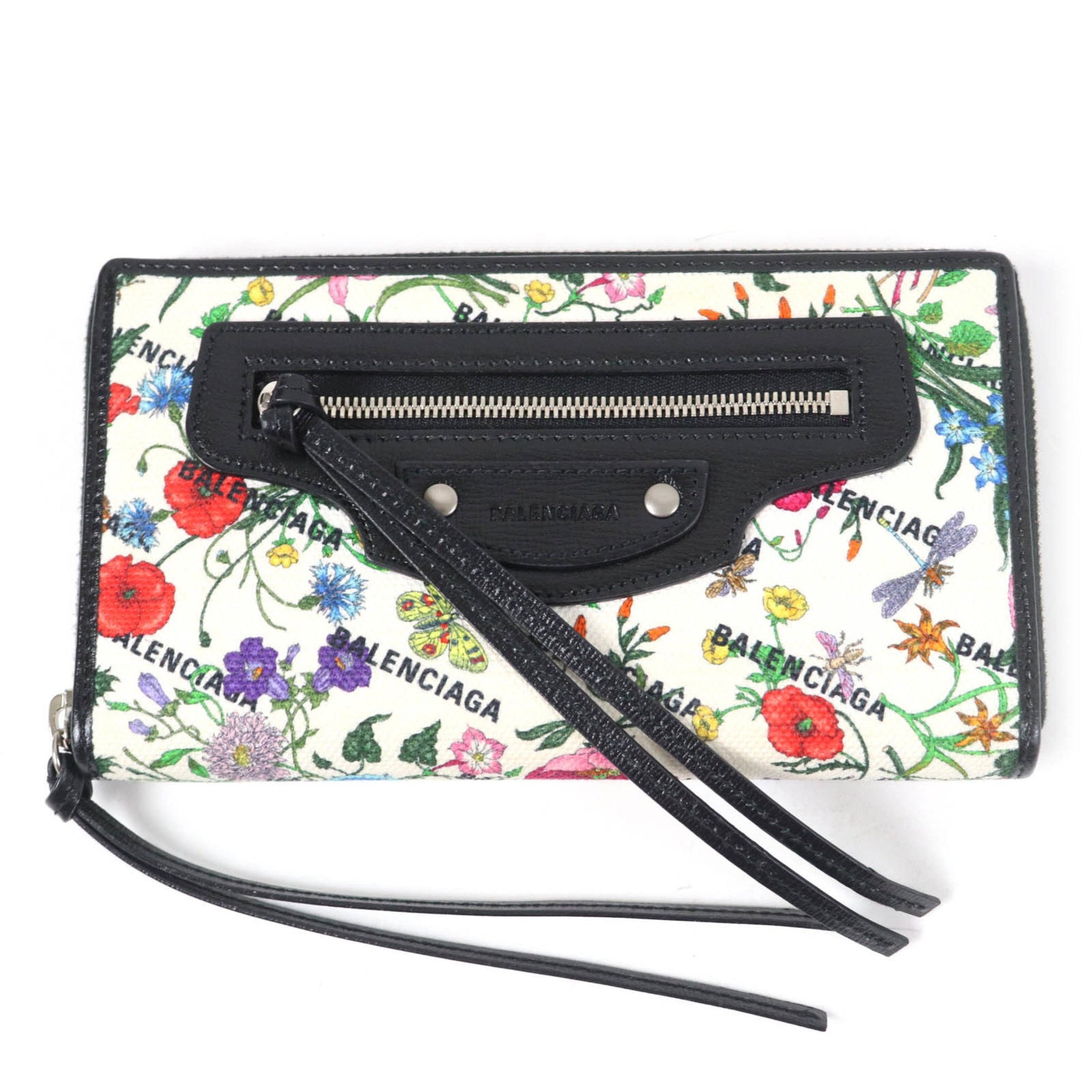 GUCCI x BALENCIAGA Floral Round Zip Leather Long Wallet in Multicolor, Includes Box and Dust Bag, Made Italy