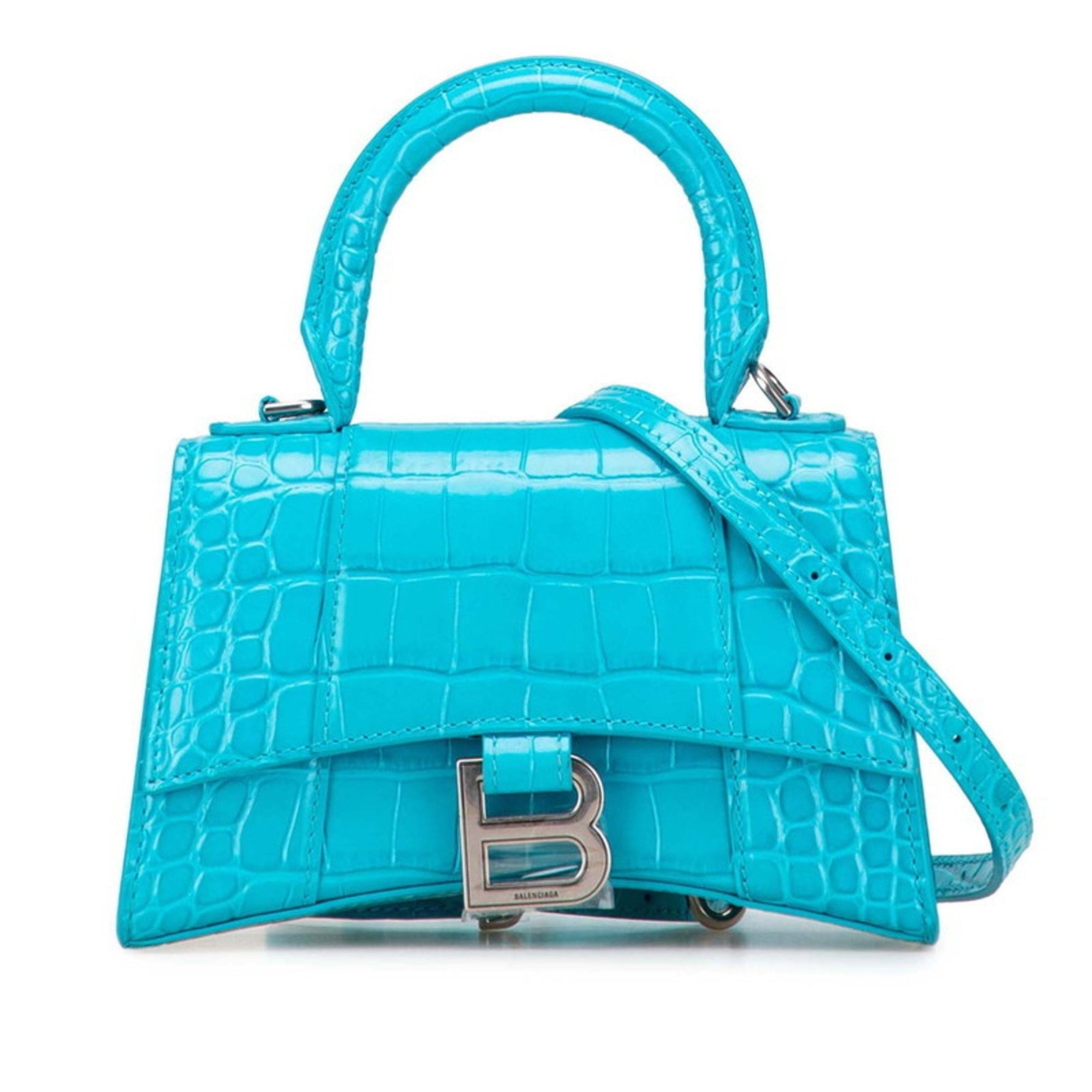 Balenciaga Hourglass XS Crocodile-Embossed Handbag/Shoulder Bag, Light Blue Leather