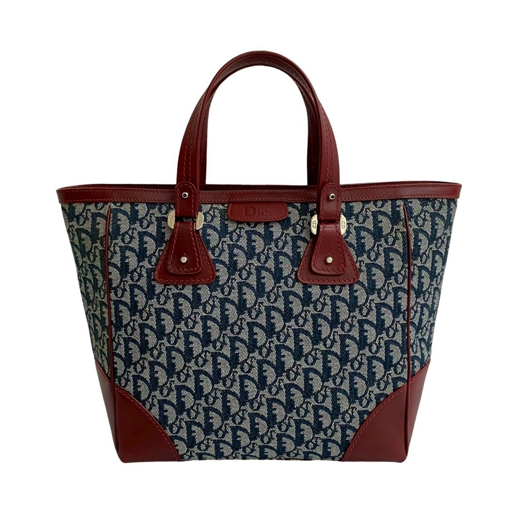 Christian Dior Trotter Pattern Canvas Leather Handbag Tote Bag Navy/Bordeaux