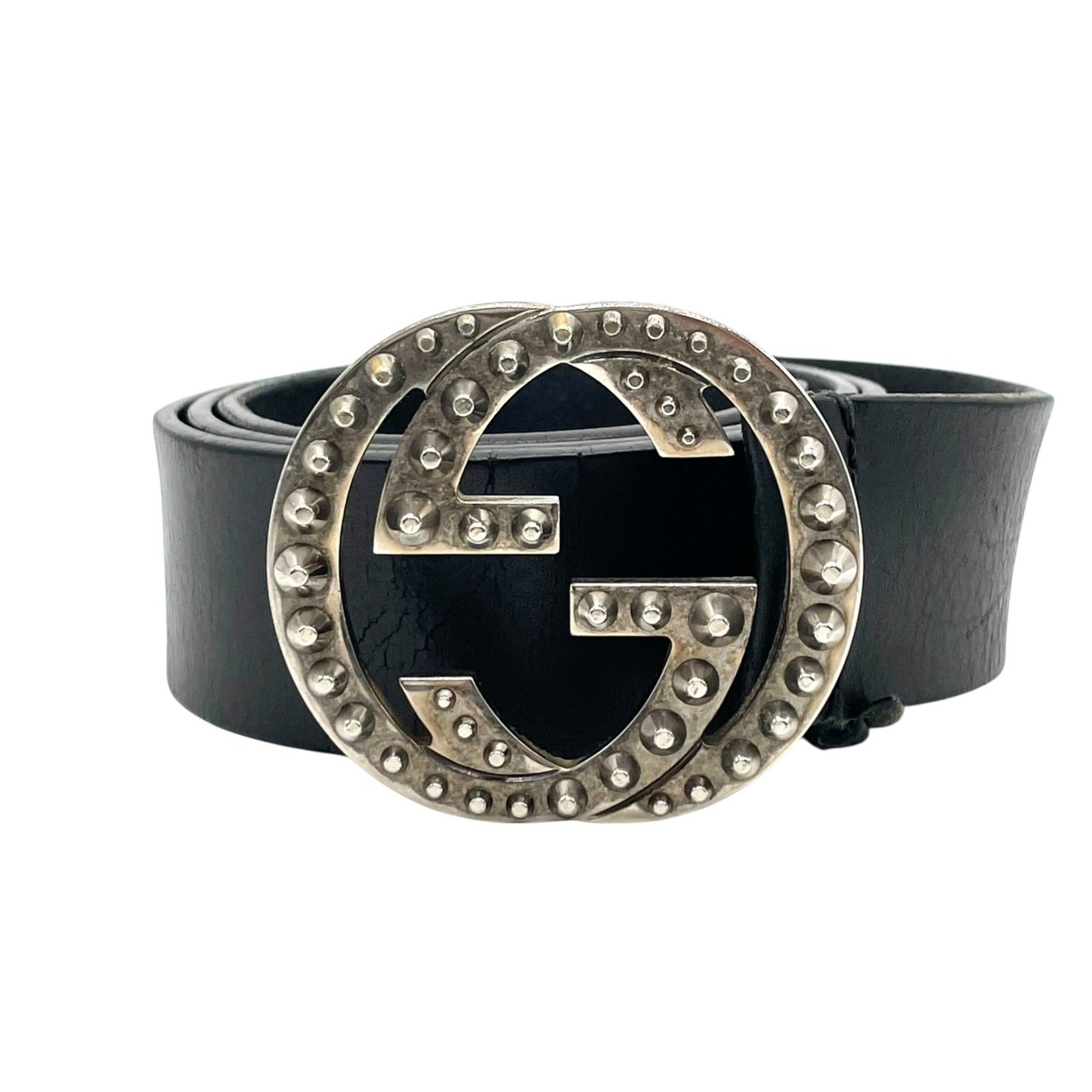 GUCCI GG Leather Belt with Interlocking G Studs, Black and Silver, Genuine Leather, Men's Belt, W6