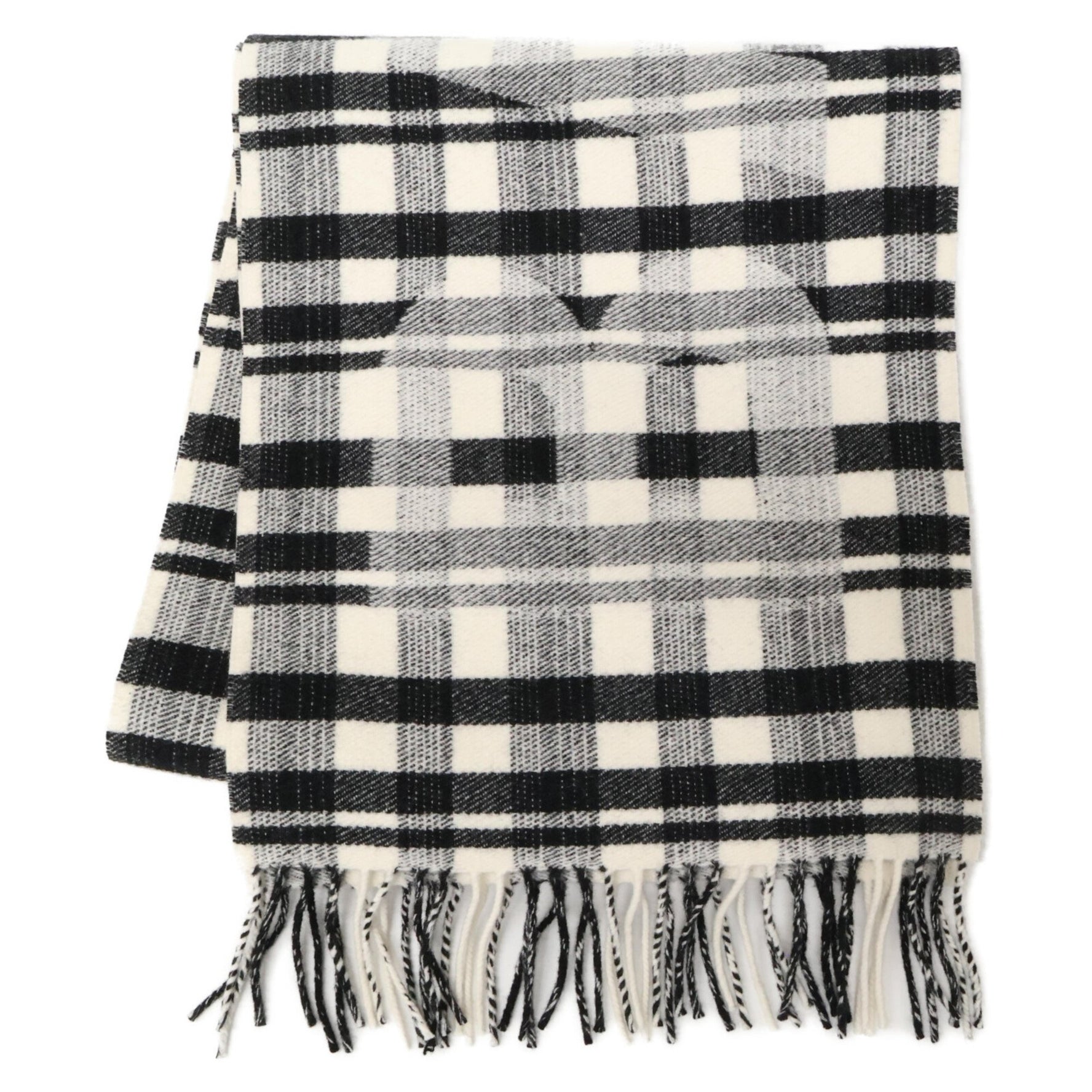 BALENCIAGA Check Wool Logo Print Fringe Scarf in White and Black