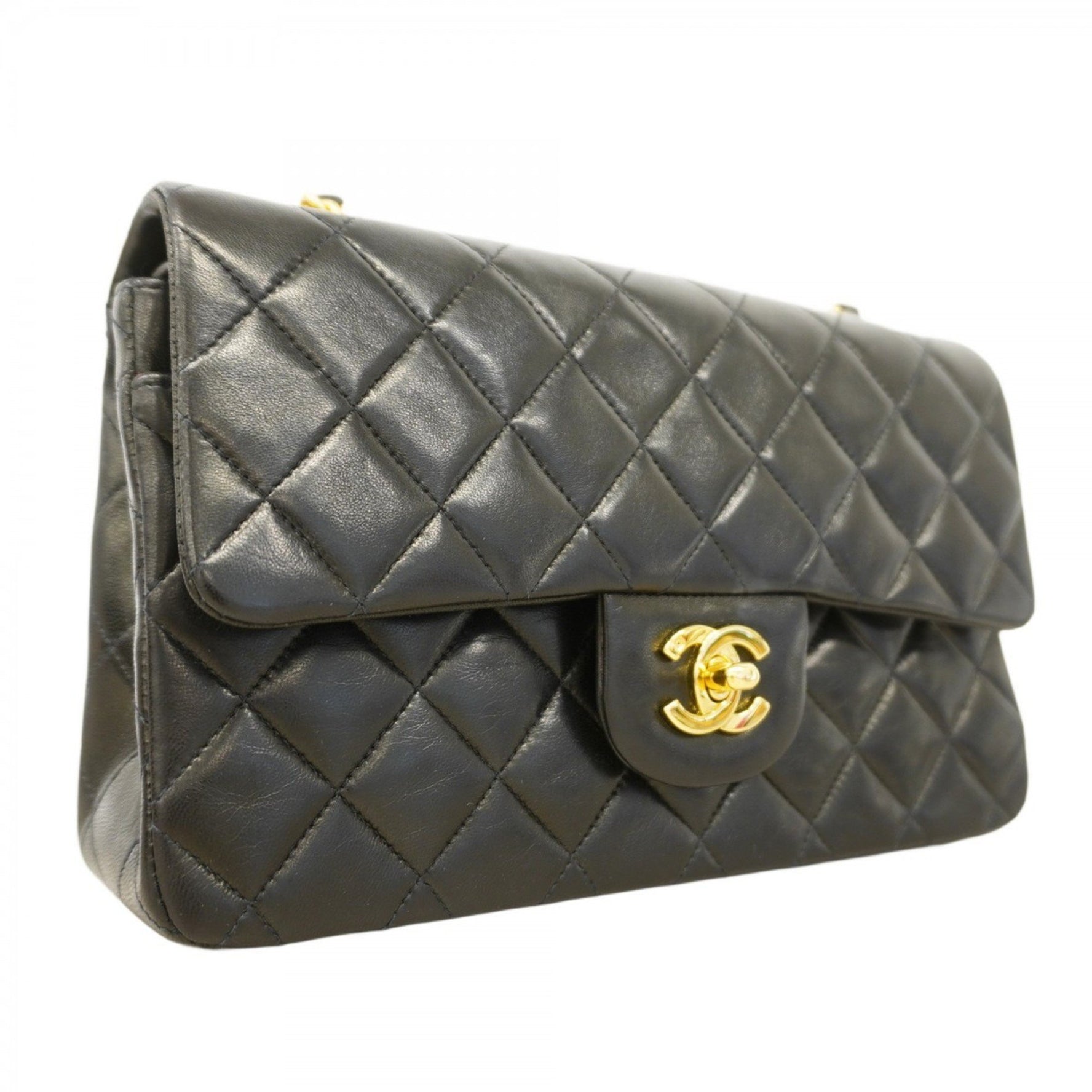 Chanel Matelasse Shoulder Bag with Double Flap and Chain, Lambskin, Black, Women's