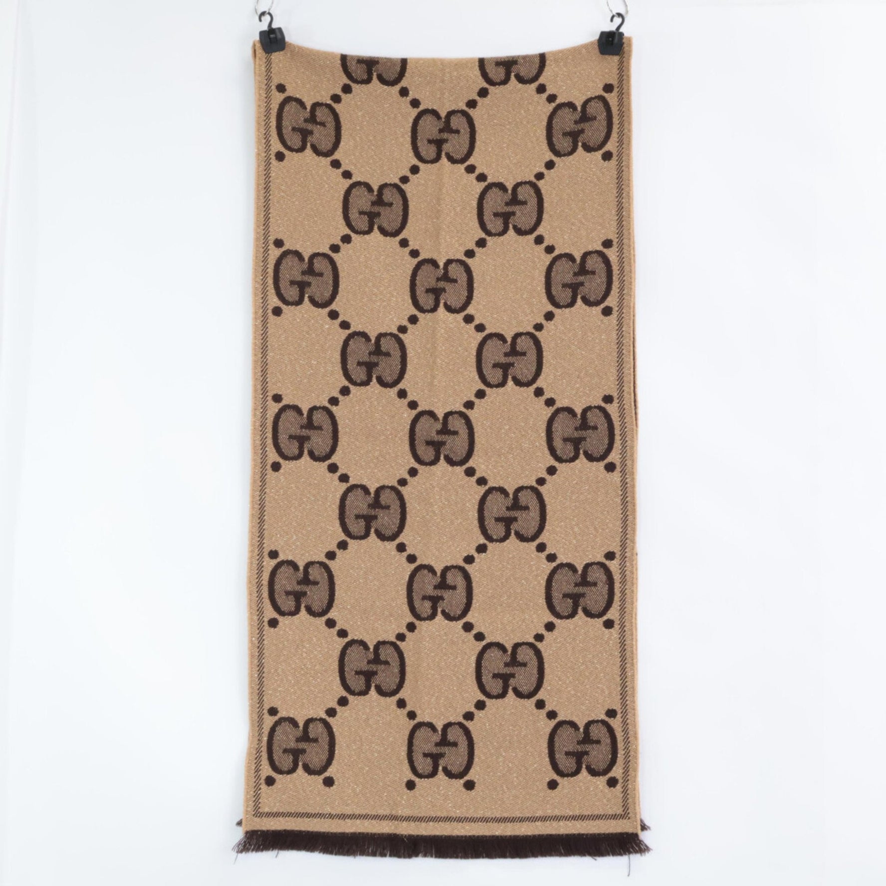 GUCCI GG Lamé Jacquard Fringe Scarf, 45 x Beige/Dark Brown